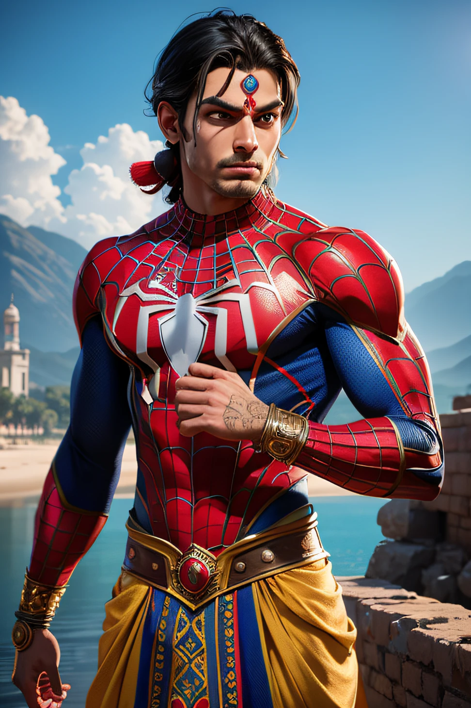 (best quality:1.2),ultra-detailed,realistic,stunning Spider-Man in Indian culture outfit, vibrant colors, dynamic posture, accessorized with traditional Indian jewelry and accessories, detailed web-slinging action, intense facial expression, iconic red and blue suit with intricate patterns, illuminated by warm sunlight, majestic landscape background, rich Indian cultural elements, intricate henna tattoos, flowing traditional clothing, superheroes in exotic locations, blending Indian and superhero aesthetics, powerful presence, striking visual impact.