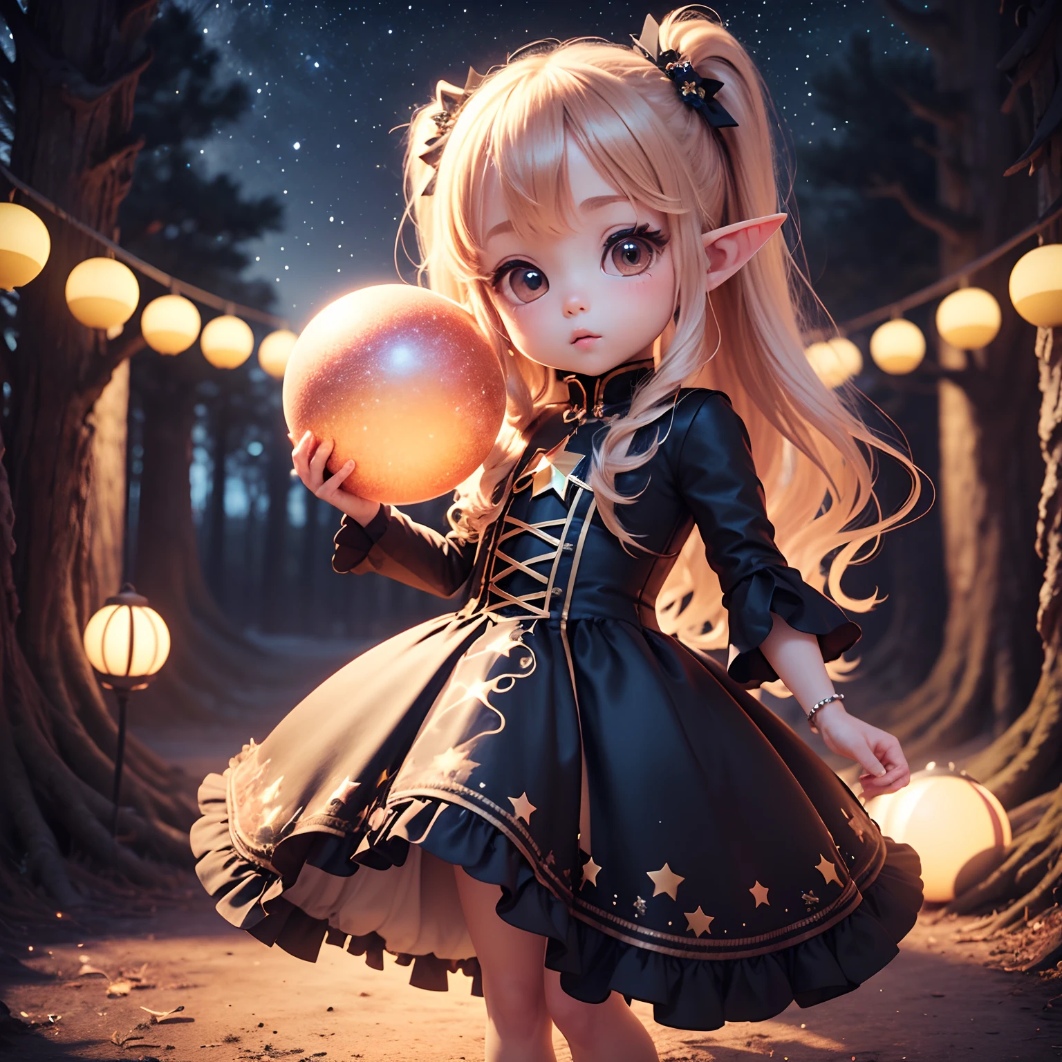 Cute Baby Chibi Anime、(((Chibi 3D))) (Best Quality), (masutepiece)、Chibi Elf、a small face、petite body、Jewelry Decoration Costumes、The background is a fairytale autumn forest、Night sky with stars shining in the galaxy、Standing、(Have a glowing ball in the shape of a star:1.2)