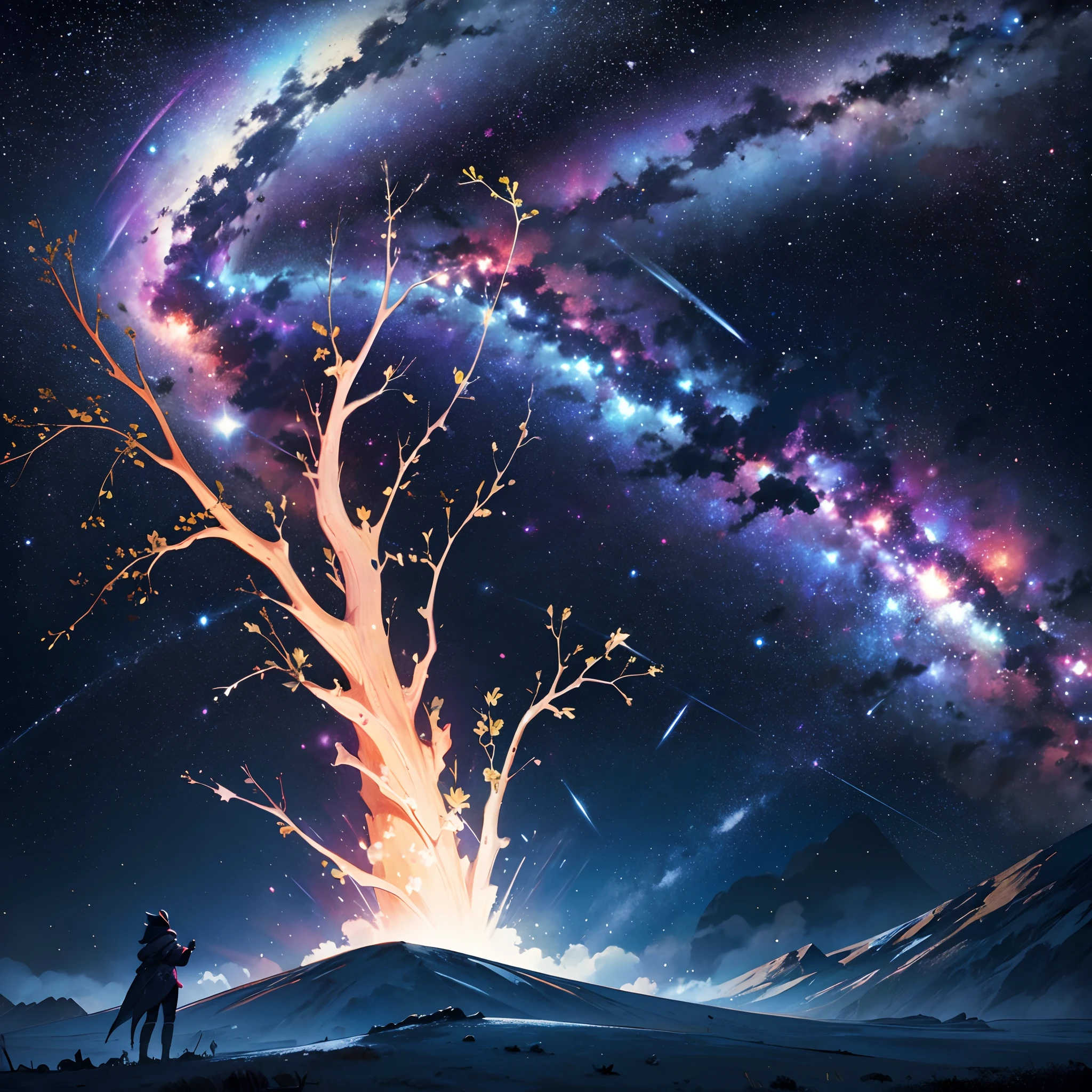 high quality,ultra-detailed space scene,realistic planetary formations,vibrant colors,dazzling stars,ethereal galaxy,striking nebulae,distant galaxies,cosmic dust,celestial bodies,captivating interstellar sky,a majestic tree standing tall,branches stretching outwards,reaching for the stars,leaves shimmering in the cosmic light,tranquil and serene atmosphere,a perfect harmony between nature and the universe