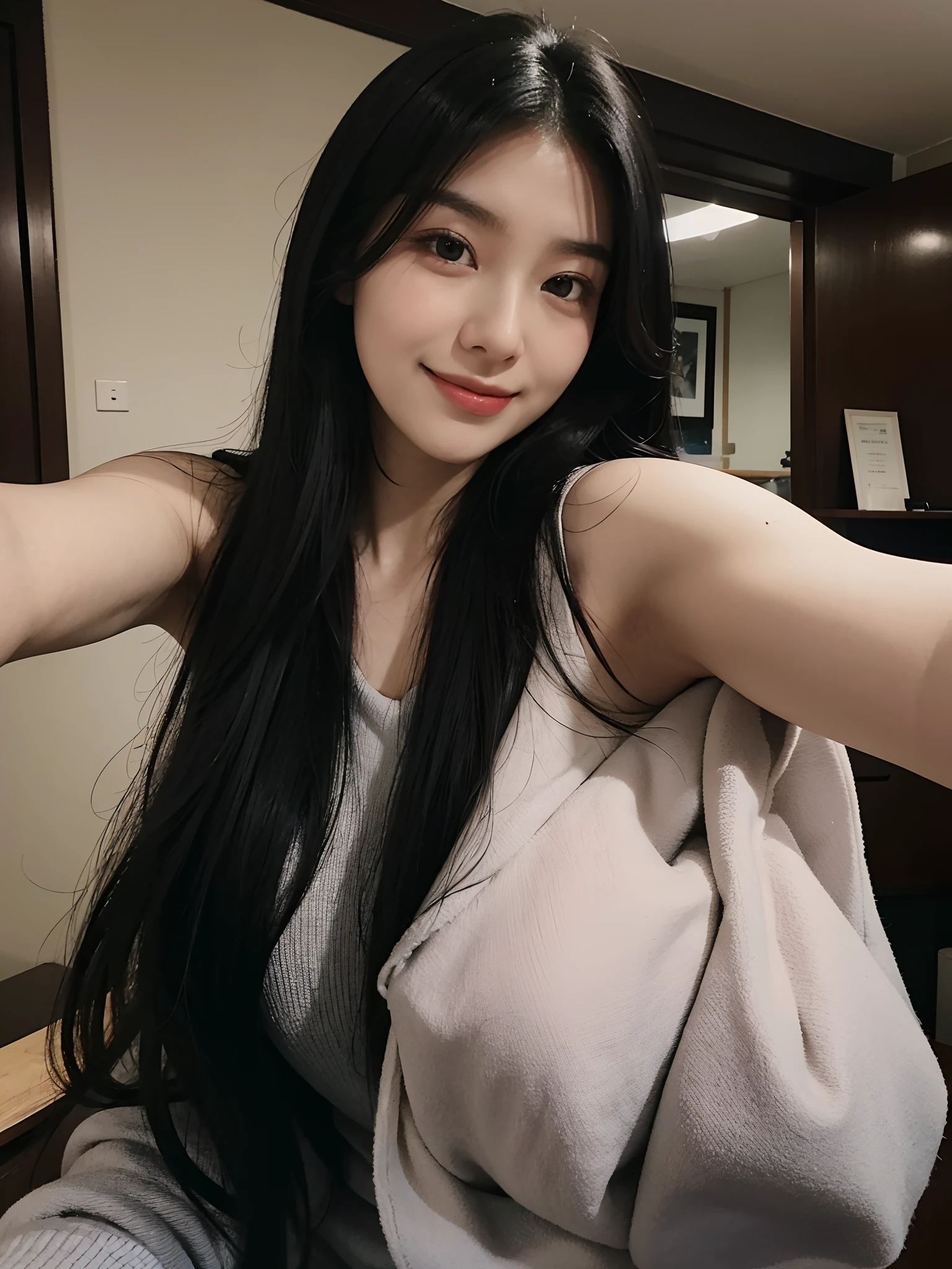 arafed woman with long black hair smiling at the camera, cindy avelino, 2 7 years old, south east asian with round face, selfie photo, 2 1 years old woman, years old woman, 2 8 years old, without makeup, selfie shot straight on angle, selfie of a young woman, slightly smiling, 2 3 years old