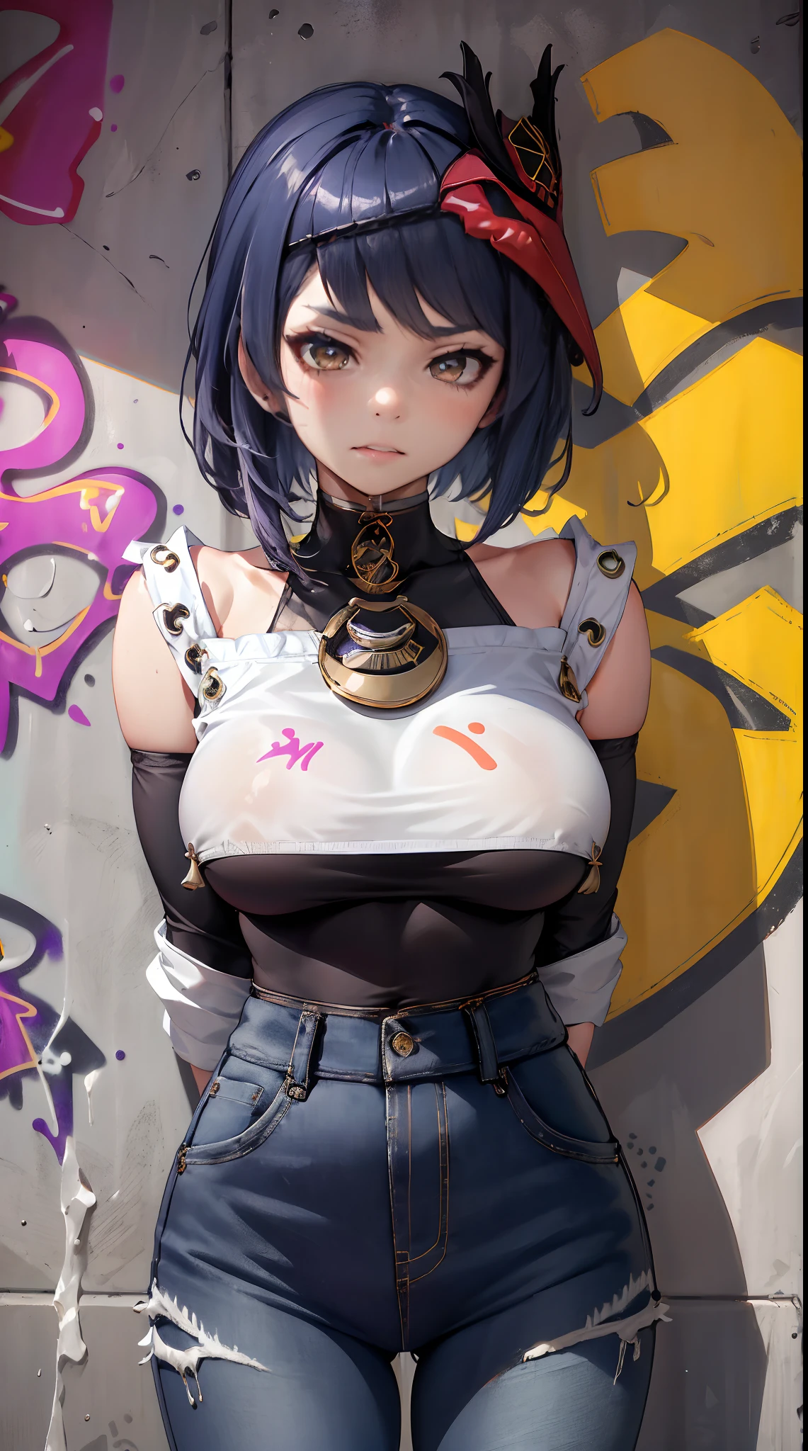 Kujou Sara Genshin Effect, masterpiece, bestquality, 1girls, oversized breasts, bara, Black shirt, Long Jeans, choker, (Graffiti:1.5), Splash with purple lightning pattern., arm behind back, against wall, View viewers from the front., Thigh strap, Head tilt, bored, water eyes,