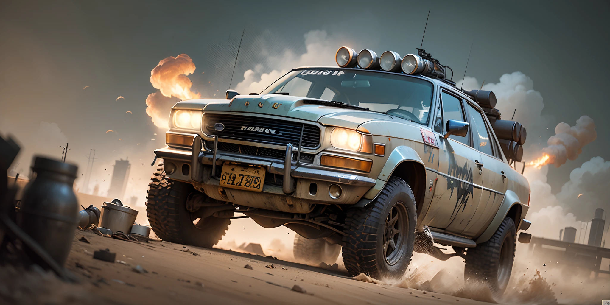 mad max fury road film still, racing on a post apocalyptic road, gta 5, fallout 4, rocket league, hyper detailed, forza, smooth, high contrast, volumetric lighting, octane, george miller, jim lee, vibrant rich deep color, comic book --auto --s2