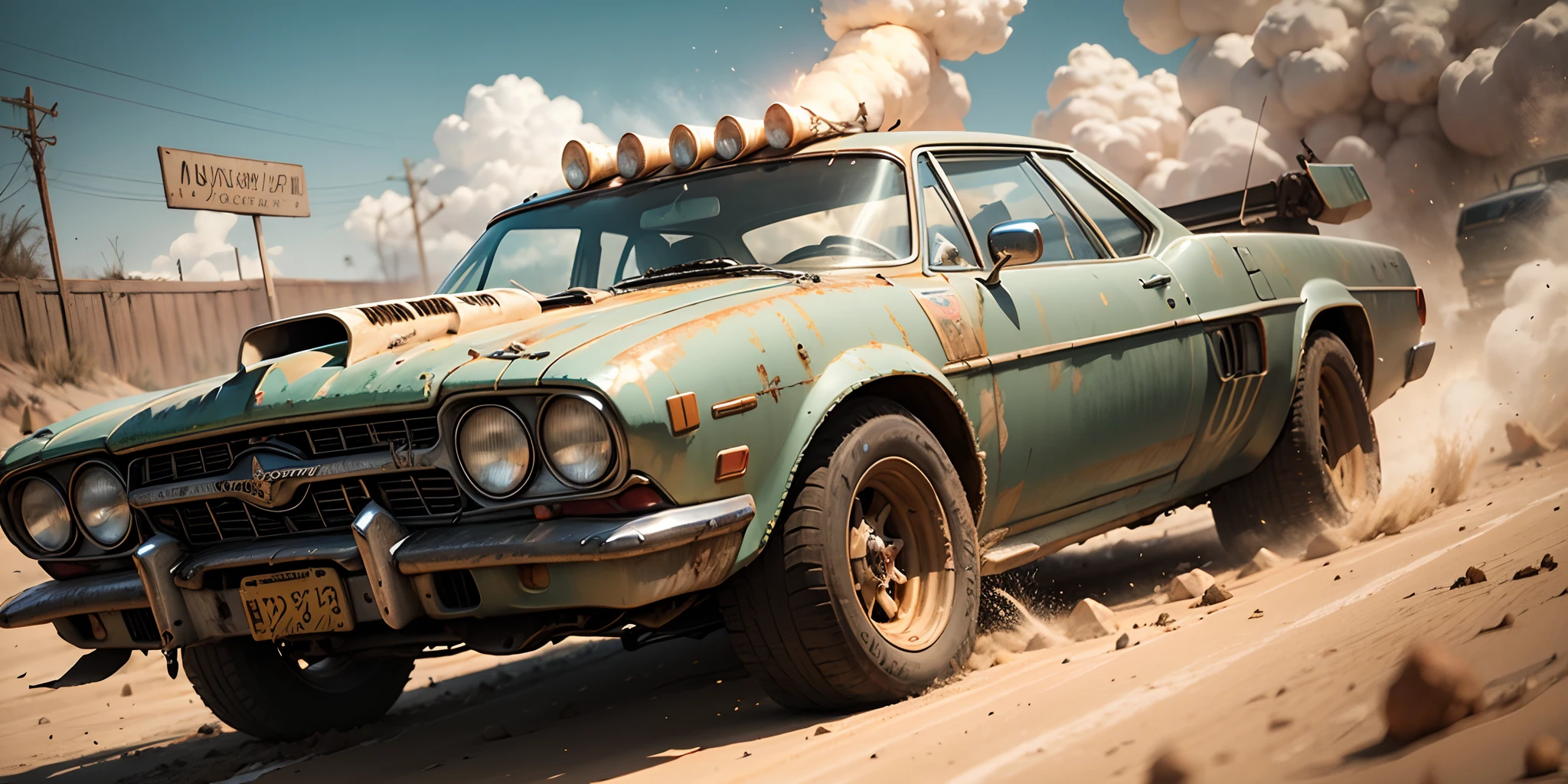 mad max fury road film still, racing on a post apocalyptic road, gta 5, fallout 4, rocket league, hyper detailed, forza, smooth, high contrast, volumetric lighting, octane, george miller, jim lee, vibrant rich deep color, comic book --auto --s2