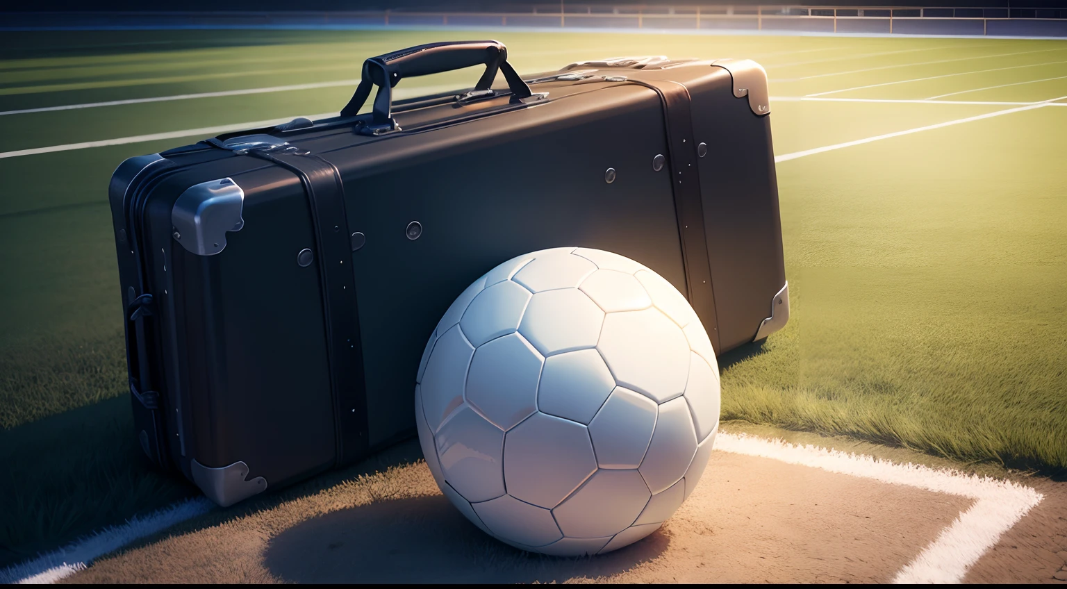 Soccer ball next to suitcase in the middle of the pitch inside a football stadium illuminated by the reflectors and with excited fans