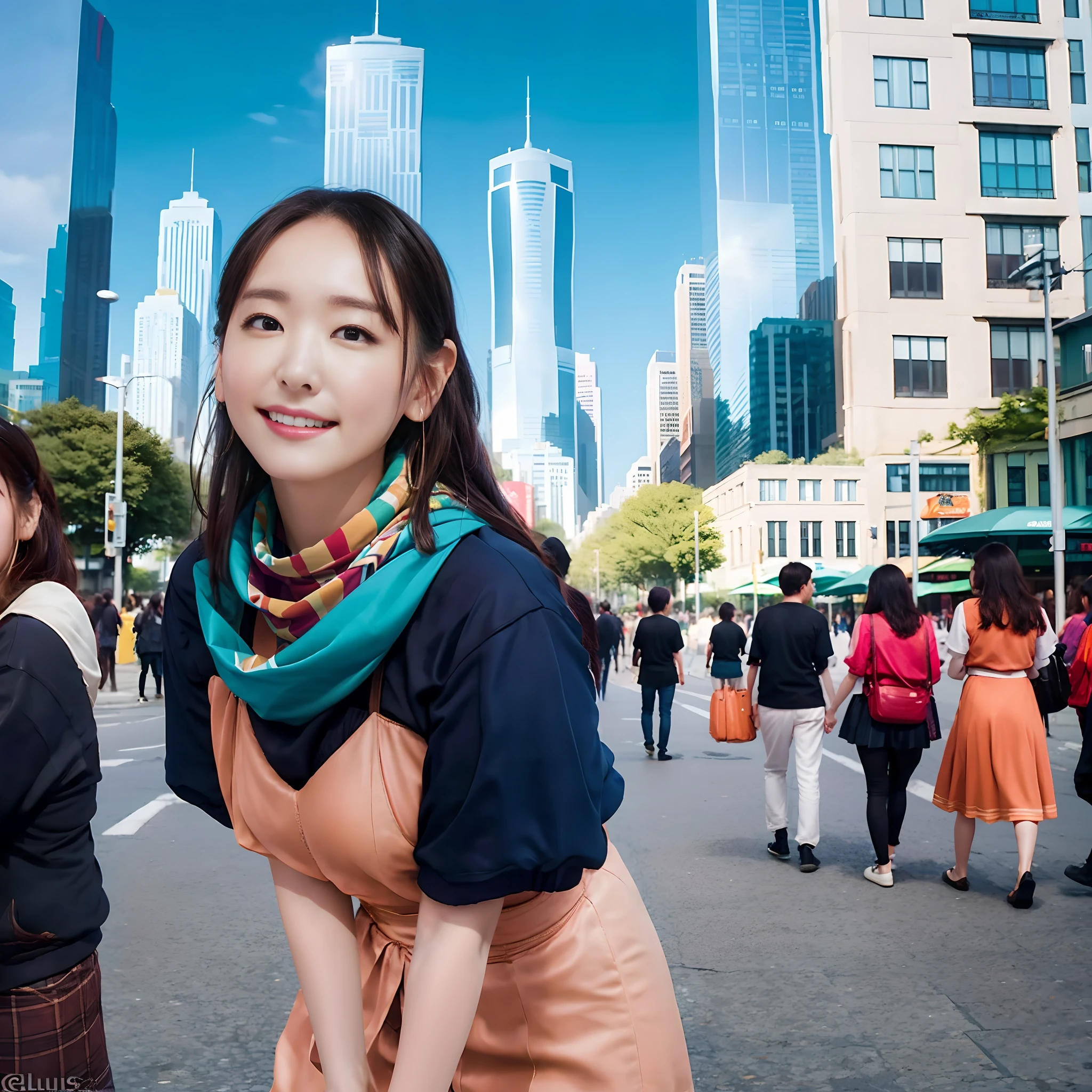 In the heart of the bustling metropolis, a young woman stands as a radiant testament to the vivacity of urban life. Her attire is a vivid tapestry of colors, each hue blending seamlessly into the next. A flowing skirt, reminiscent of a sunset’s warm embrace, billows gracefully around her. Its deep oranges and passionate reds seem to dance with the rhythm of the city. Topping the ensemble, a fitted blouse of cerulean blue provides a refreshing contrast, echoing the boundless skies that stretch above the skyline. A medley of accessories adds an extra layer of charm: a scarf in playful patterns, earrings that gleam like gemstones, and a handbag in a shade of mint green that exudes youthful exuberance. As she navigates the bustling streets, her steps are imbued with a confidence that turns heads and invites admiration. Her laughter and smile are as infectious as the city’s own pulsating energy. Tall skyscrapers rise around her, their mirrored surfaces reflecting the kaleidoscope of colors that adorn her form, blending seamlessly with the urban panorama. In this urban symphony, she stands as a living embodiment of the city’s vibrant spirit, a beautiful girl who harmonizes with the dynamic rhythm of her surroundings. Together, they create a tableau of life, color, and ceaseless movement that captivates all who encounter it.