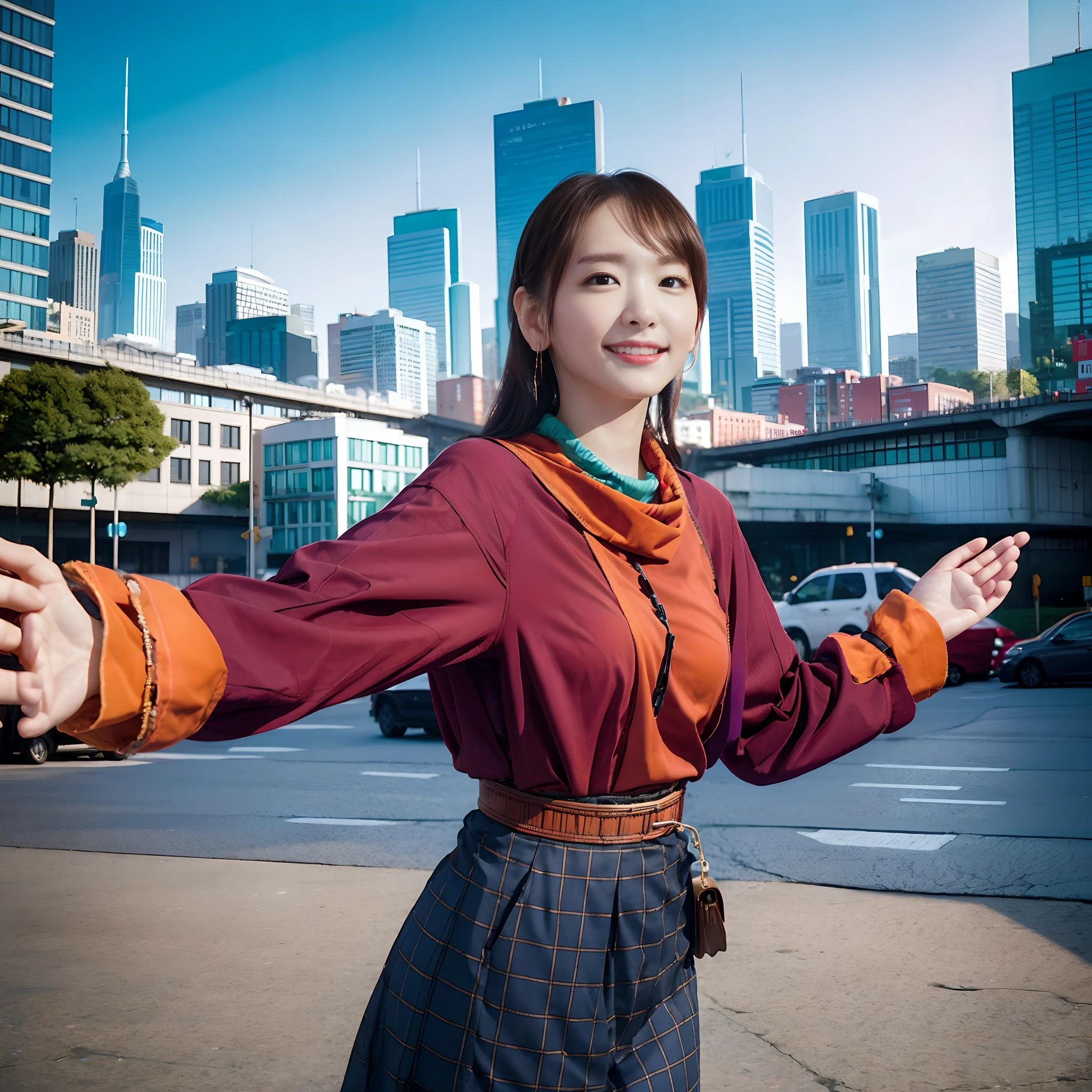 In the heart of the bustling metropolis, a young woman stands as a radiant testament to the vivacity of urban life. Her attire is a vivid tapestry of colors, each hue blending seamlessly into the next. A flowing skirt, reminiscent of a sunset’s warm embrace, billows gracefully around her. Its deep oranges and passionate reds seem to dance with the rhythm of the city. Topping the ensemble, a fitted blouse of cerulean blue provides a refreshing contrast, echoing the boundless skies that stretch above the skyline. A medley of accessories adds an extra layer of charm: a scarf in playful patterns, earrings that gleam like gemstones, and a handbag in a shade of mint green that exudes youthful exuberance. As she navigates the bustling streets, her steps are imbued with a confidence that turns heads and invites admiration. Her laughter and smile are as infectious as the city’s own pulsating energy. Tall skyscrapers rise around her, their mirrored surfaces reflecting the kaleidoscope of colors that adorn her form, blending seamlessly with the urban panorama. In this urban symphony, she stands as a living embodiment of the city’s vibrant spirit, a beautiful girl who harmonizes with the dynamic rhythm of her surroundings. Together, they create a tableau of life, color, and ceaseless movement that captivates all who encounter it.