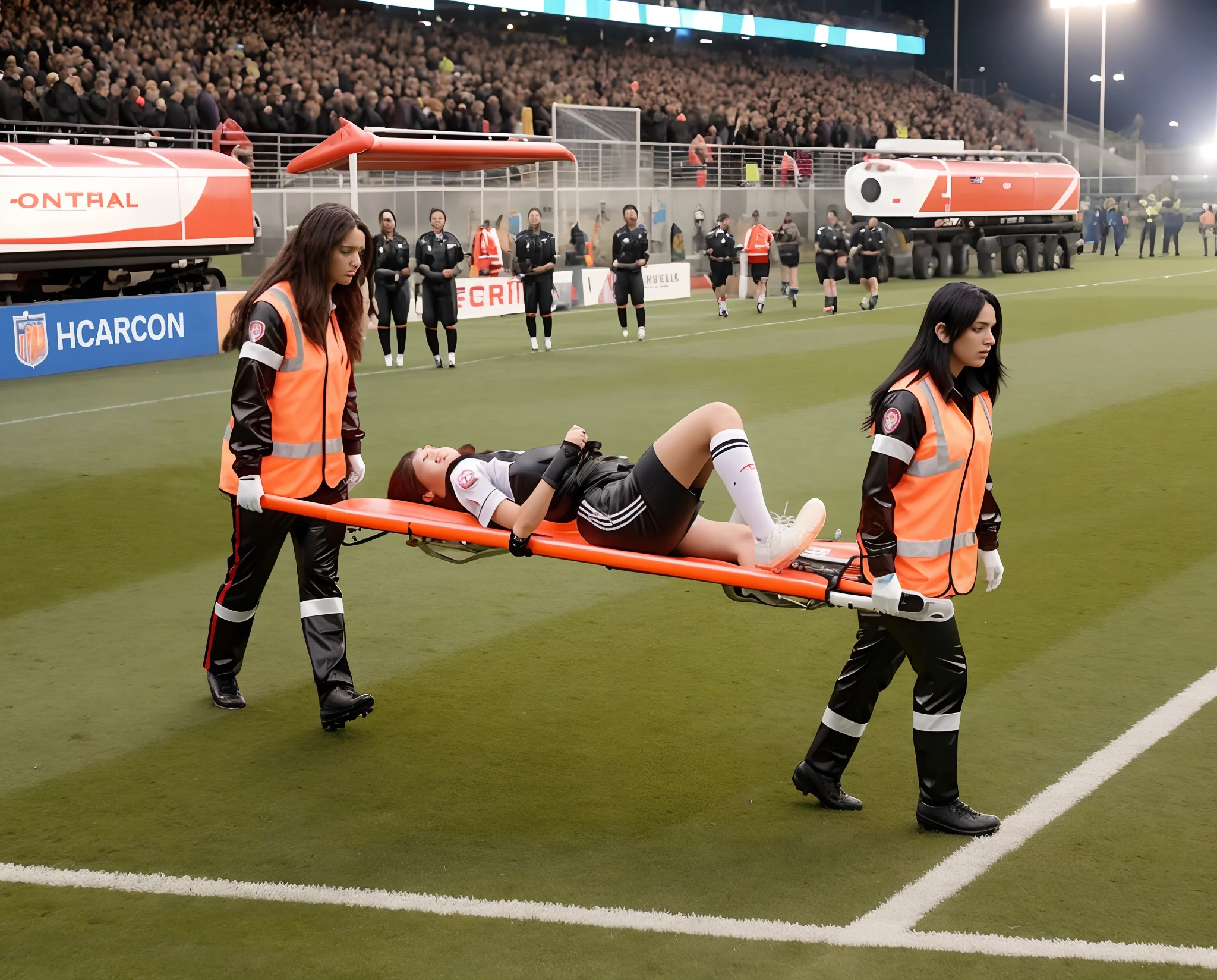 two women in shiny rubberized uniforms, two longhaired women in shinyuniforms are carrying a stretcher on a soccer ground, there are two longhaired women on a field with a sportsman on a stretcher, two longhaired uniformed women, two blackhaired uniformed women with a stretcher, an injured soccer player lying on a stretcher, football hooligans, realistic scene, heroic scene, injured, very sad, very disturbing, detailed scene, professional, lynn skordal, sad scene, epic scene, looks realistic, album art, very professional