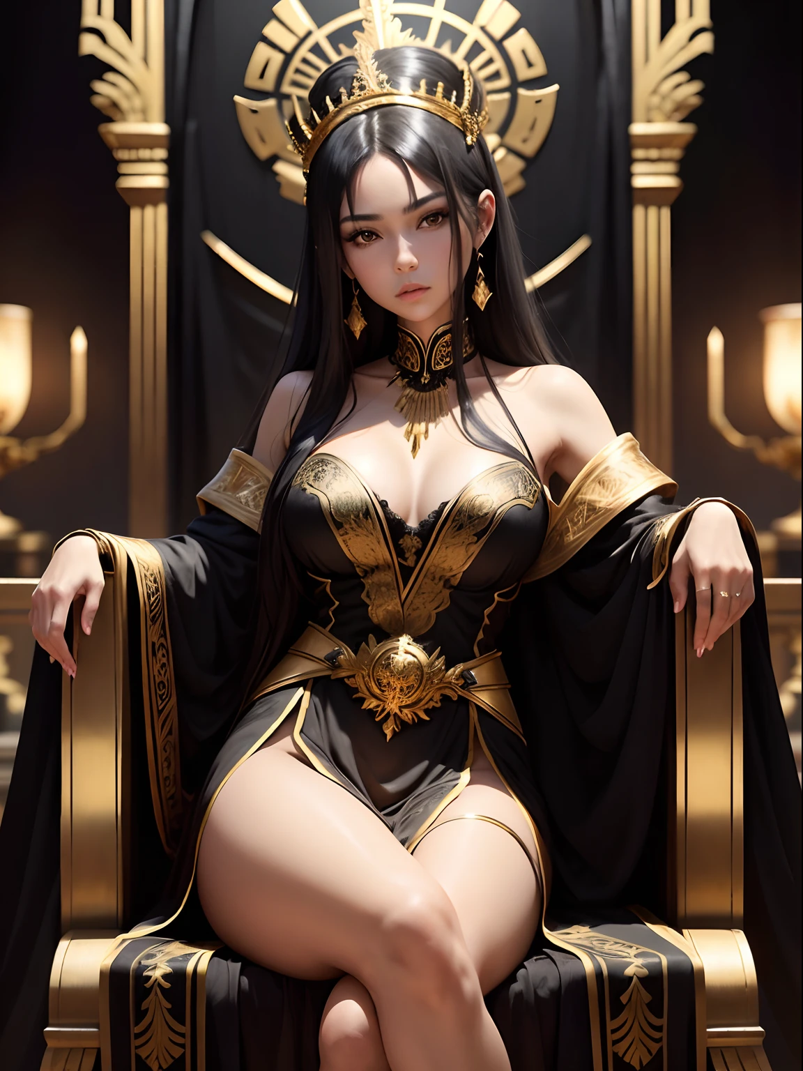 1 chica hermosa oriental, emperatriz, con vestido largo negro, sentada en el trono, ojos verdes hermosos, cabello negro verde y negro, diosa, Slender and athletic body. Trono de oro, in a black-walled imperial hall with gold decoration, corona de oro