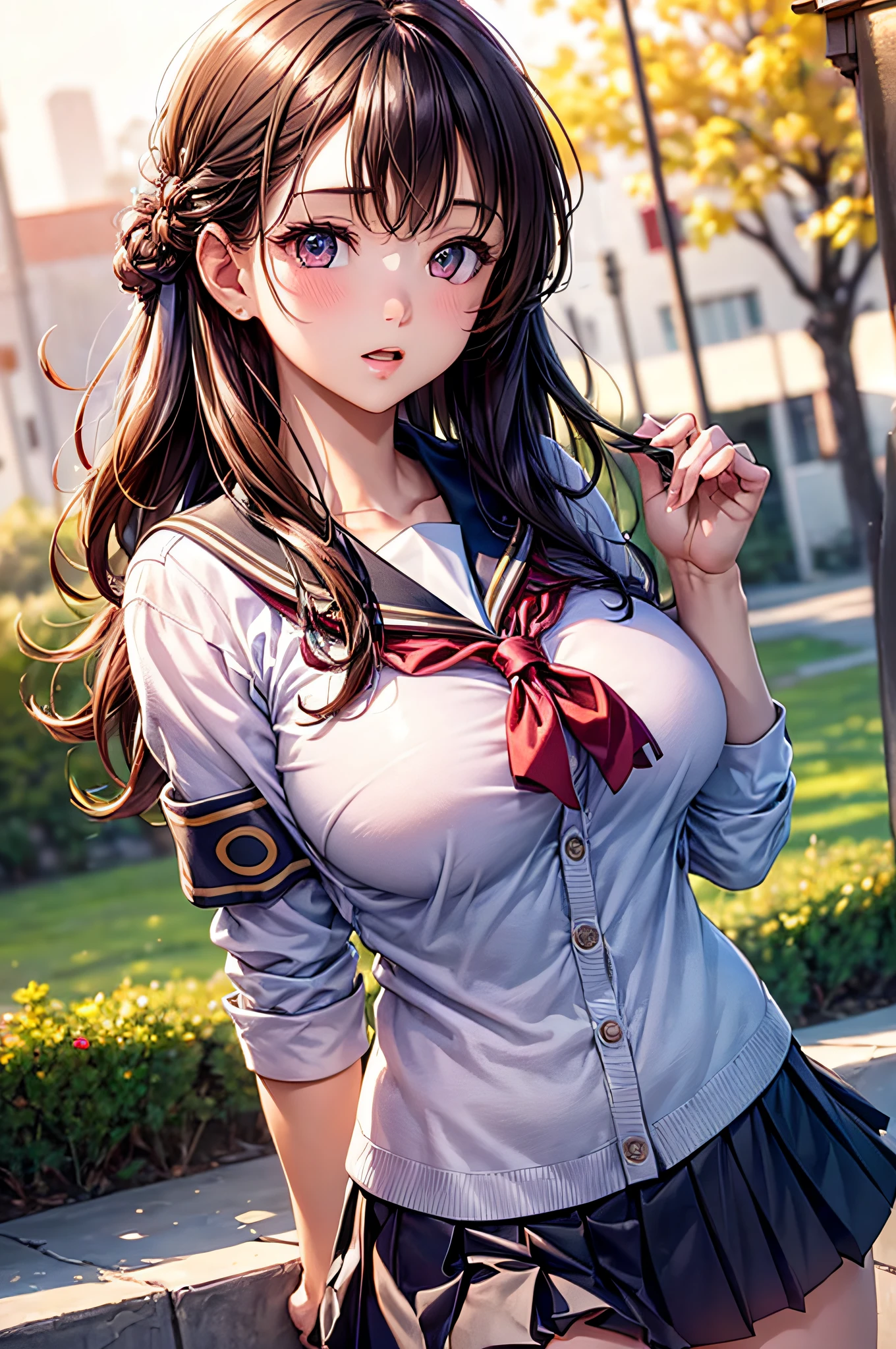 (2girls), Brown hair, Amazing face and eyes, Pink eyes, (hi-school uniform with wide open breasts:1.2), beautiful big breasts, bare breasts, (amazingly beautiful girl), Brown hair, (High School Uniform, Pleated mini-skirt:1.5), ((Best Quality)), (Ultra-detailed), (extremely detailed CG unified 8k wallpaper), Highly detailed, High-definition raw color photos, Professional Photography, (((Bokeh))), depth of fields,