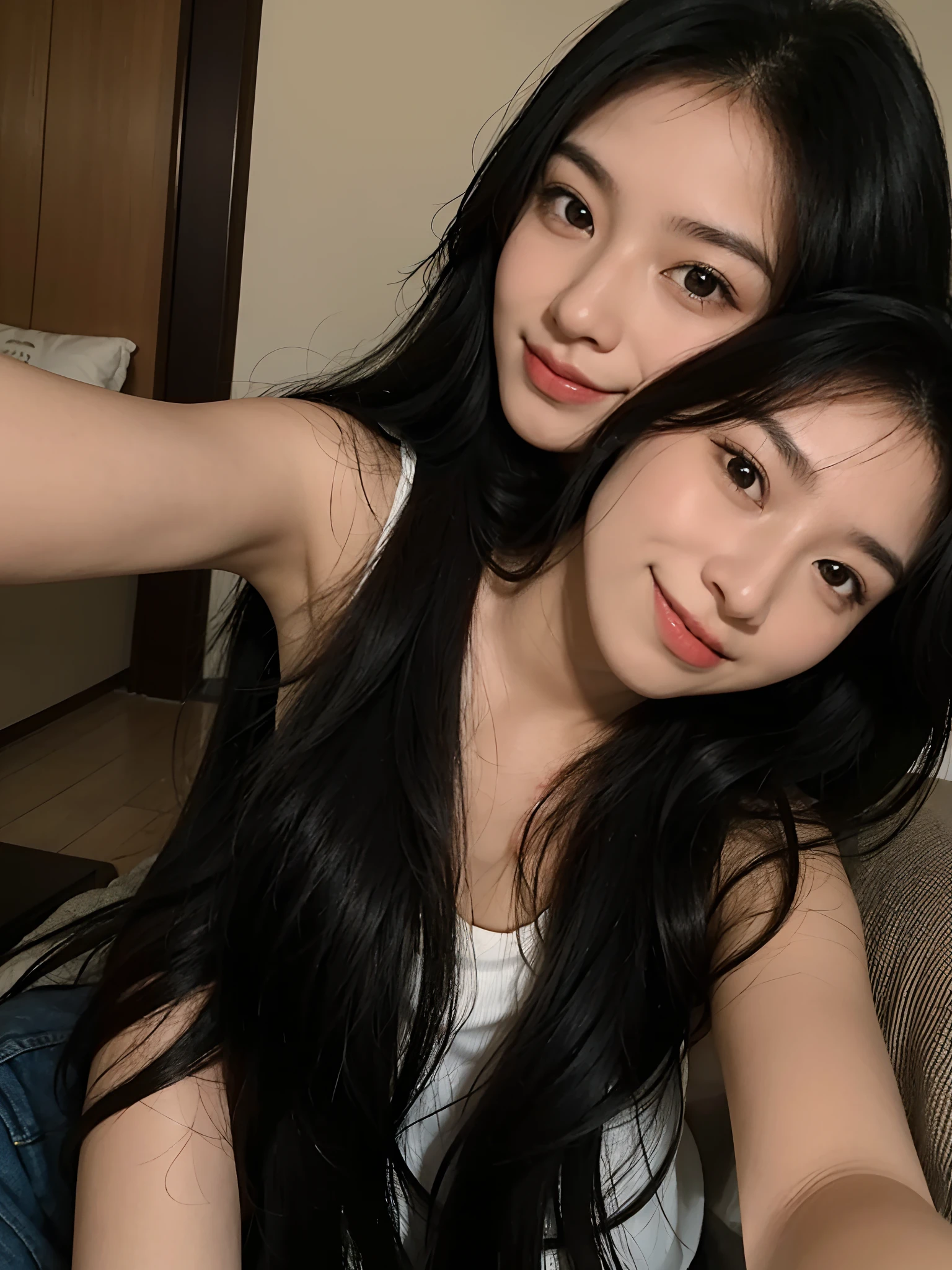 arafed woman with long black hair smiling at the camera, cindy avelino, 2 7 years old, south east asian with round face, selfie photo, 2 1 years old woman, years old woman, 2 8 years old, without makeup, selfie shot straight on angle, selfie of a young woman, slightly smiling, 2 3 years old