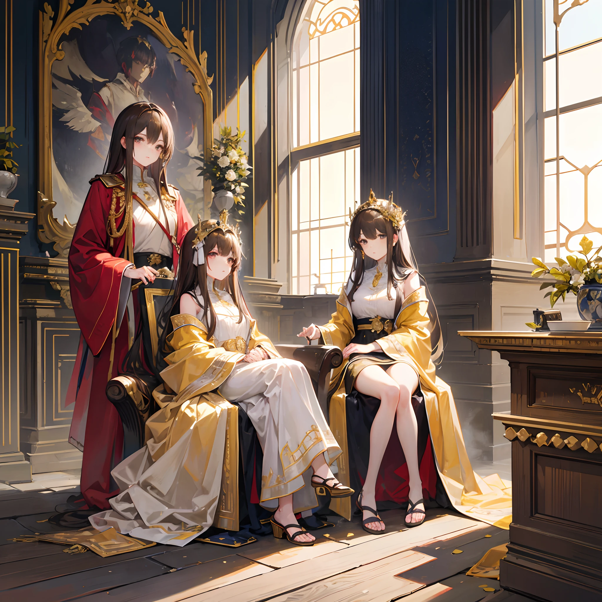 Women with bandages on their heads,Long brown hair,sandals,Golden royal robes,sitting on an royal throne,Eyelid below,Top-down view,The interior of the Royal Palace