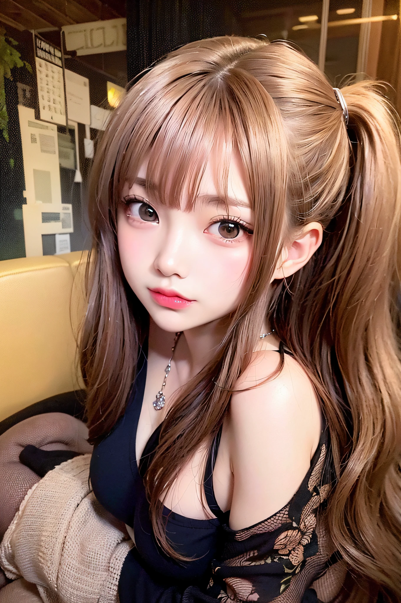 blush,small breasts,,long hair twintails,on stage,Are standing,close up of face,((8K, Raw photo, best quality, muste piece:1.2), (Reality, photorealistic:1.4), (Highly detailed 8K wallpaper), Depth of the bounds written, cinematic lighting, soft light, detailed beauty eye,Shiny and smooth light brown ponytail, asymmetrical bangs, shiny skin, super detailed skin ,high resolution, high detail, detailed hairstyle, detailed beauty face, hyper real, perfect limbs, perfect anatomy ,1 Japanese girl,famous japanese idol, perfect female body,shy smile,short eyelashes,double-edged eyelids,look straight here,Hair style is twin tails、Pink colored long dress with lots of ruffles, softly shaped skirt, standing on stage,pink ribbon on head,She wears a long skirt with lots of frills.,Neat clothes