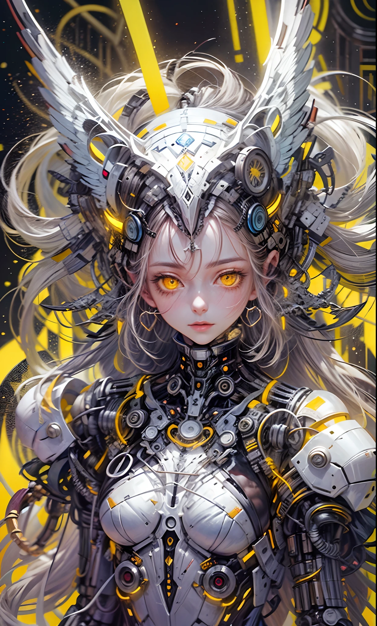 1girl, cosmic environment, rotten fallen archangel, (yellow eyes), biomechanical android, mechanical body, eerie, creepy, nightmarish, very bright colors, light particles, bioluminescence, wallpaper art, UHD wallpaper,
