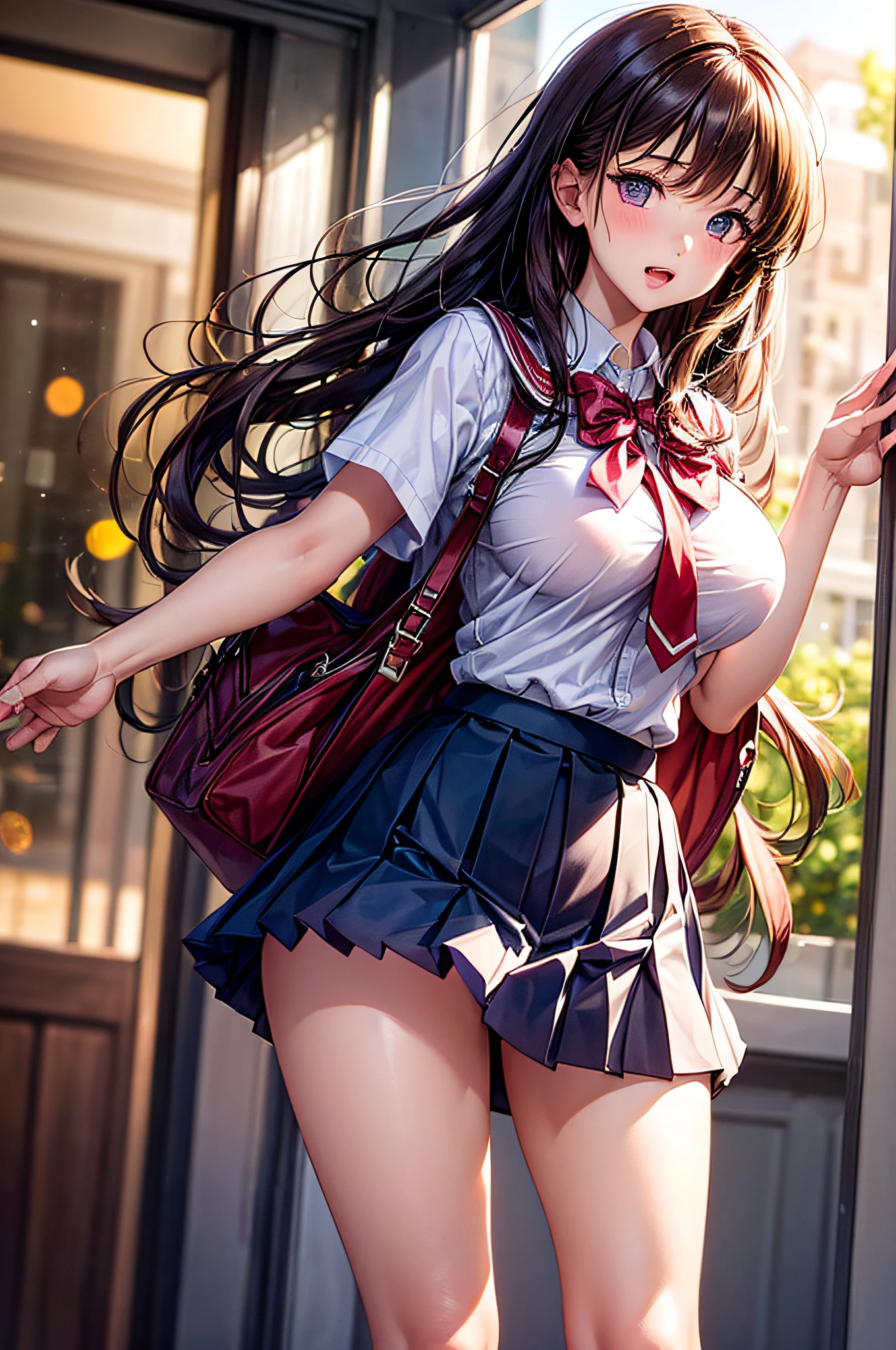 (2girls), Brown hair, Amazing face and eyes, Pink eyes, (hi-school uniform with wide open breasts:1.2), beautiful big breasts, bare breasts, (amazingly beautiful girl), Brown hair, (High School Uniform, Pleated mini-skirt:1.5), ((Best Quality)), (Ultra-detailed), (extremely detailed CG unified 8k wallpaper), Highly detailed, High-definition raw color photos, Professional Photography, (((Bokeh))), depth of fields,