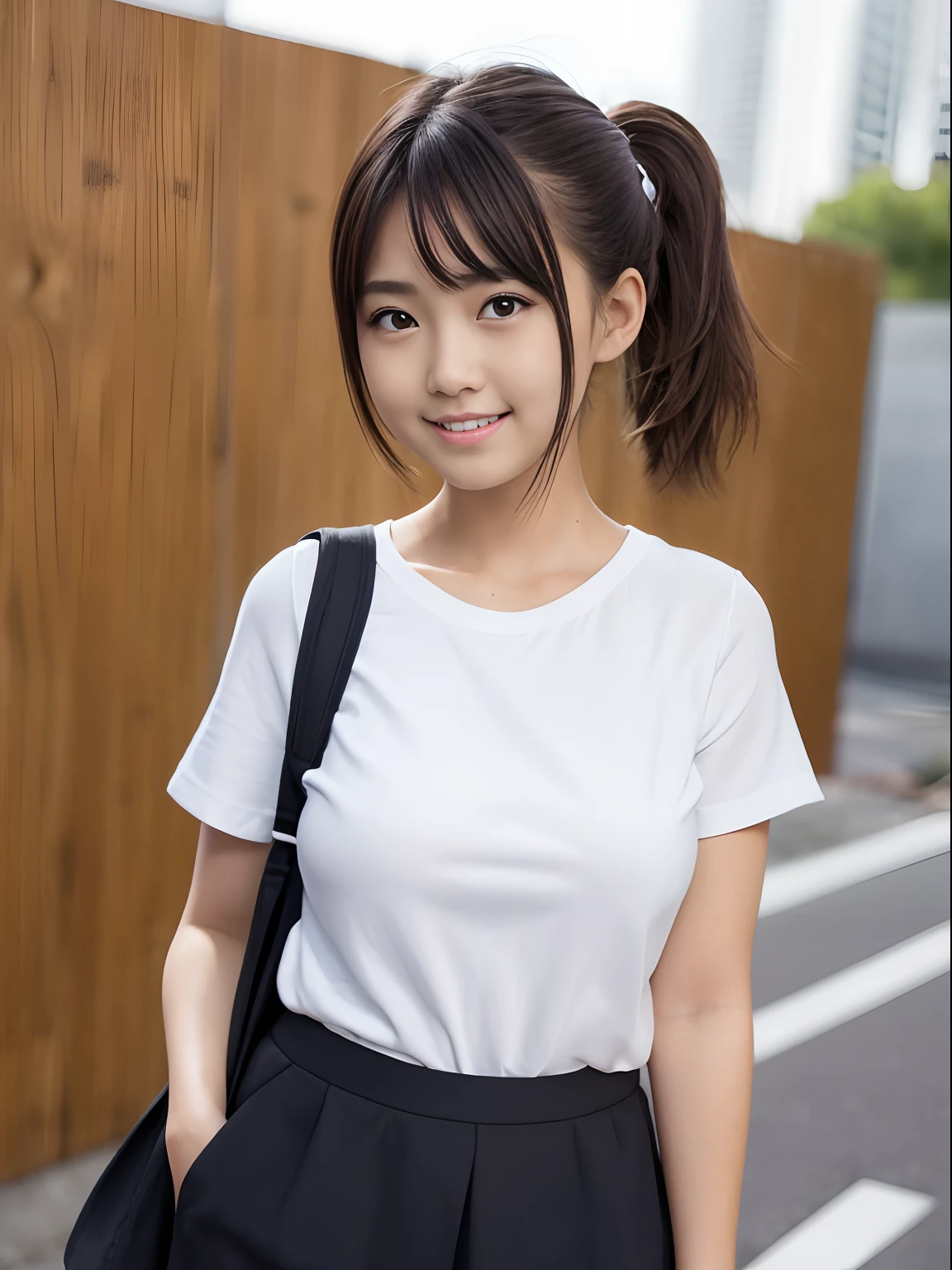 1girl in, short light hair and a small ponytail,, black eyes, Slightly oversized white elbow-length high school shirt tucked breast pockets into school skirt, city, hight resolution, ultrasharp, 8K, masutepiece, Looking at Viewer, Live action、realisitic、 girl、Happy smile