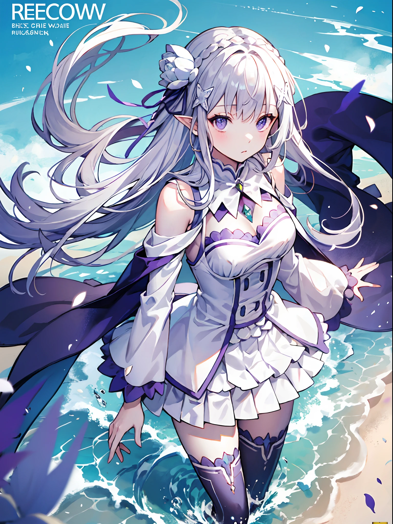 masterpiece,(best quality),(1girl) ,solo,(high contrast:1.2),(high saturation:1.2), ((hands on the pocket)),((black and white sdress)),looking at viewer,((white and light blue theme:1.3)),((white and light blue background:1.5)),((walking:1.3)),full body,((the light blue water on sky and white cloud and day)),((from above:1.2)),
(magazine:1.3), (cover-style:1.3), fashionable, woman, vibrant, outfit, posing, front, colorful, dynamic, background, elements, confident, expression, holding, statement, accessory, majestic, coiled, around, touch, scene, text, cover, bold, attention-grabbing, title, stylish, font, catchy, headline, larger, striking, modern, trendy, focus, fashion,rezeroemilia, emilia, braid, crown braid, flower, hair flower, hair ornament, hair ribbon, long hair, pointy ears, (purple eyes:1.2), white hair, x hair ornament, BREAK detached collar, detached sleeves, frilled sleeves, frills, long sleeves, miniskirt, pleated skirt, ribbon, skirt, thighhighs, white skirt, white sleeves, white thighhighs, wide sleeves, zettai ryouiki, BREAK outdoors, city, BREAK looking at viewer, BREAK