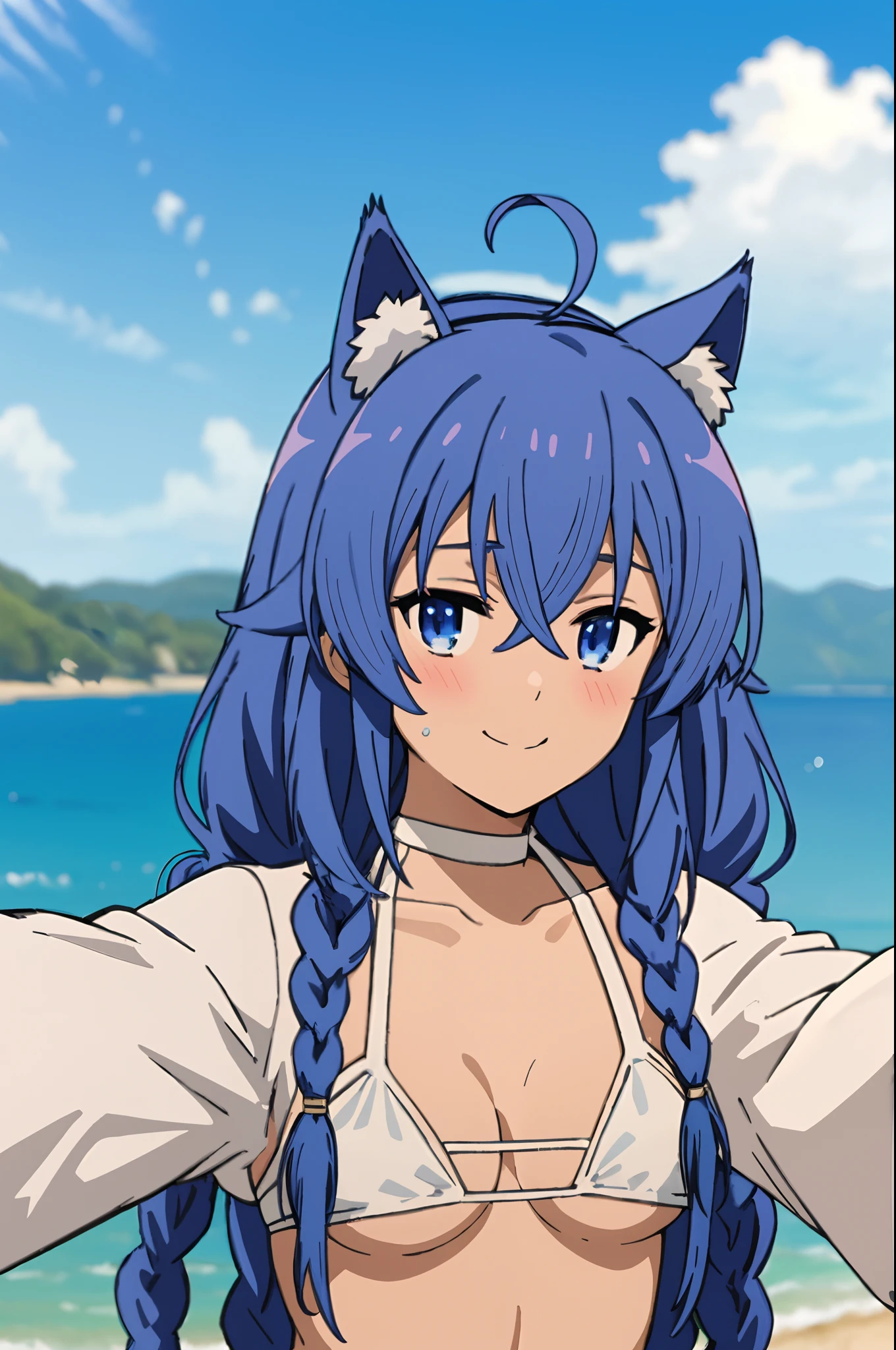 (masterpiece, best quality), Roxy, 1girl, solo, smile, blush, twin braids, long hair, blue hair, ahoge, cat ears, blue eyes, (((bikini))), (((white bikini))), small breasts, upper body, standing, selfie, looking at the viewer, beach, sea