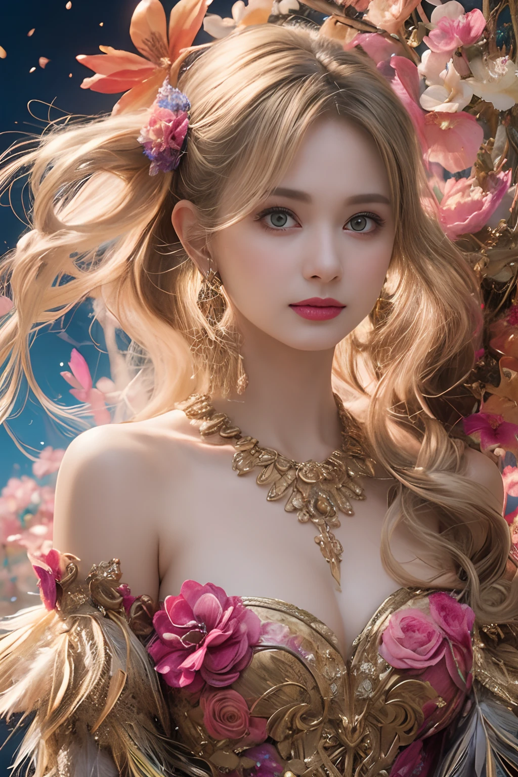 (Beautiful and majestic space,Island of the magnificent moon sea),(Intense and dramatic imagery,stunning visuals),(the hanging North Star,the colorful natural light) girl with，tiny chest，off shoulders，Golden hair，Colored feathers，metal ornaments，colorful flower，Particle，Rays of Light，(masutepiece, of the highest quality, Best Quality, Official art, Beautiful and aesthetic:1.2), (1girl in:1.3), Extremely detailed,(Fractal Art:1.1),(Colorful:1.1)(Flowers:1.3),highest details,(Zentangle:1.2), (Dynamic Pose), (Abstract background:1.3), (Shiny skin), (Many colors:1.4), ,(earrings:1.4), (Feathers:1.4)