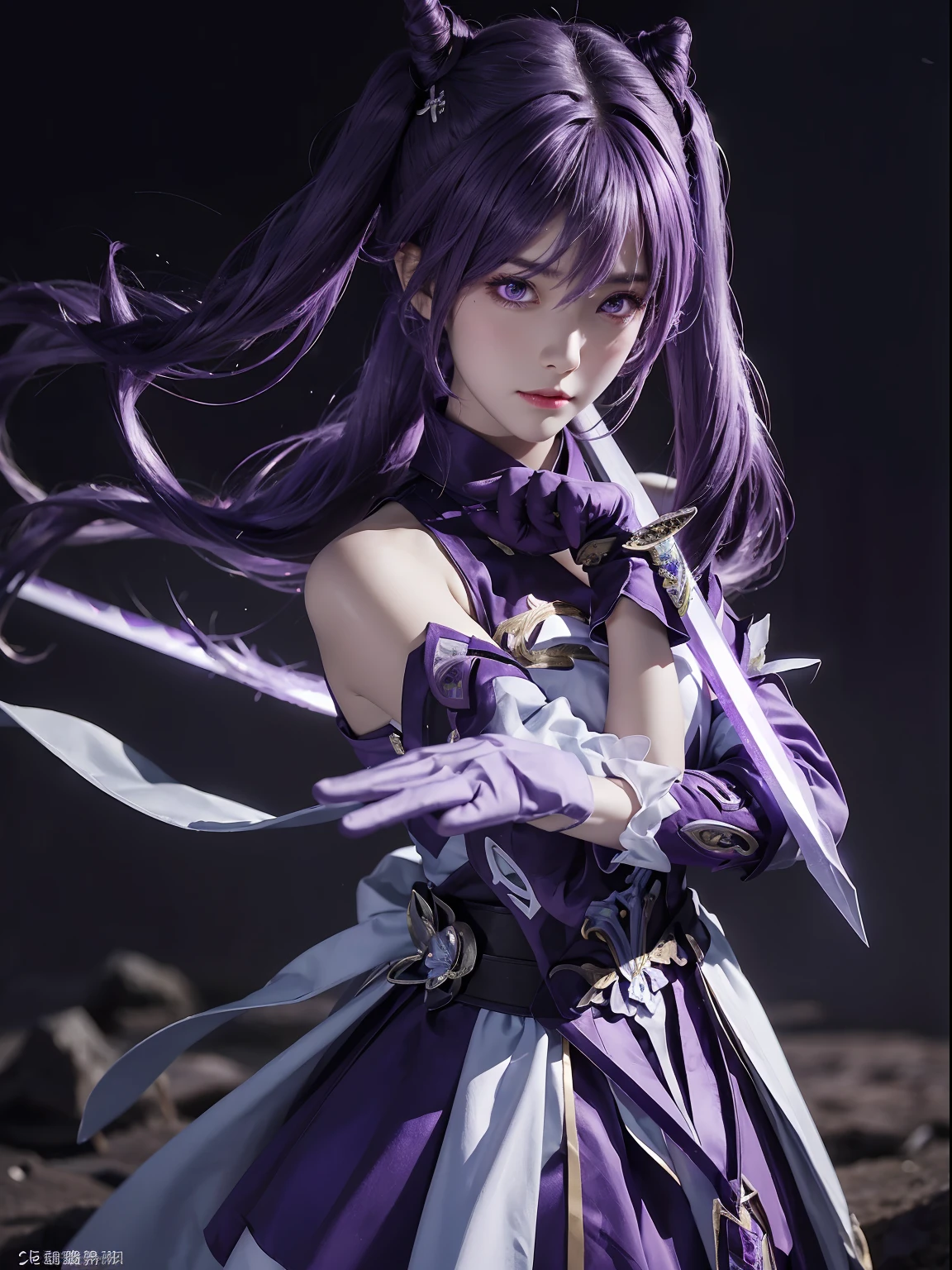 masterpiece, best quality, detailed, depth of field, ultra realistic, photorealistic, realistic face and eyes, realistic skin texture, cinematic lighting, ulzzang-6500, Tyndall effect, sword, blank background, (looking to viewer), eyes looking to viewer.
1girl, (frown, closed mouth), keqing_\(genshin_impact\), purple_eyes, purple hair, twintails, sharp eyes, serious face, gloves, hands holding sword, lightning glowing sword, purple lightning,
filmg