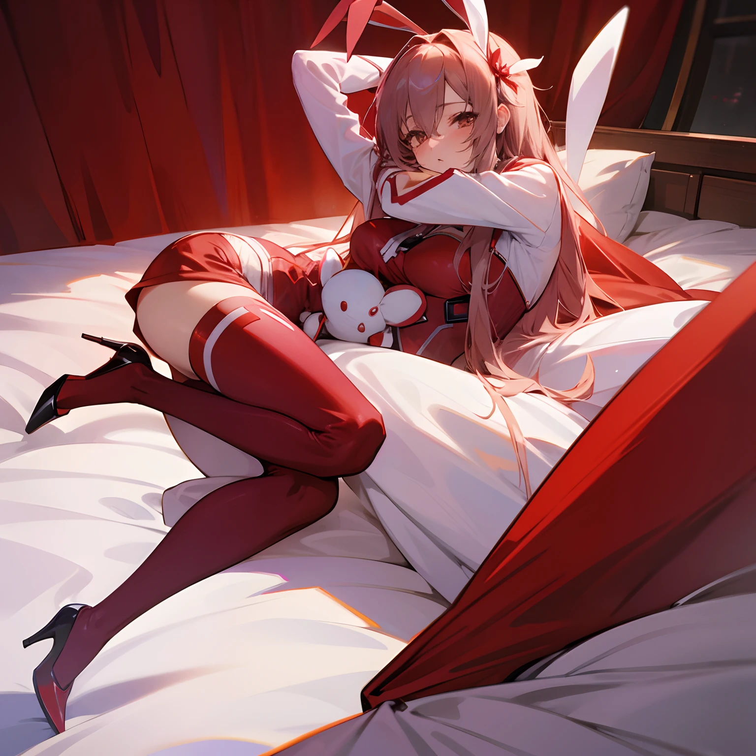 yae miko, 1girl, \n/, animal ears, bare shoulders, blush, breasts, rose pedals, closed mouth, detached sleeves, earrings, fox ears, hair ornament, resting on bedside, dark night gown, bodystocking, black chocker, long hair, looking at viewer, medium breasts, pink eyes, pink flower, pink hair, smile, solo, full body, lying down, nsfw, no nudity, legs spread apart, one piece, night wear, body stocking, leggings, thigh-highs, belly button through seethrough fabric, thick but not obese, hand pose finger fox