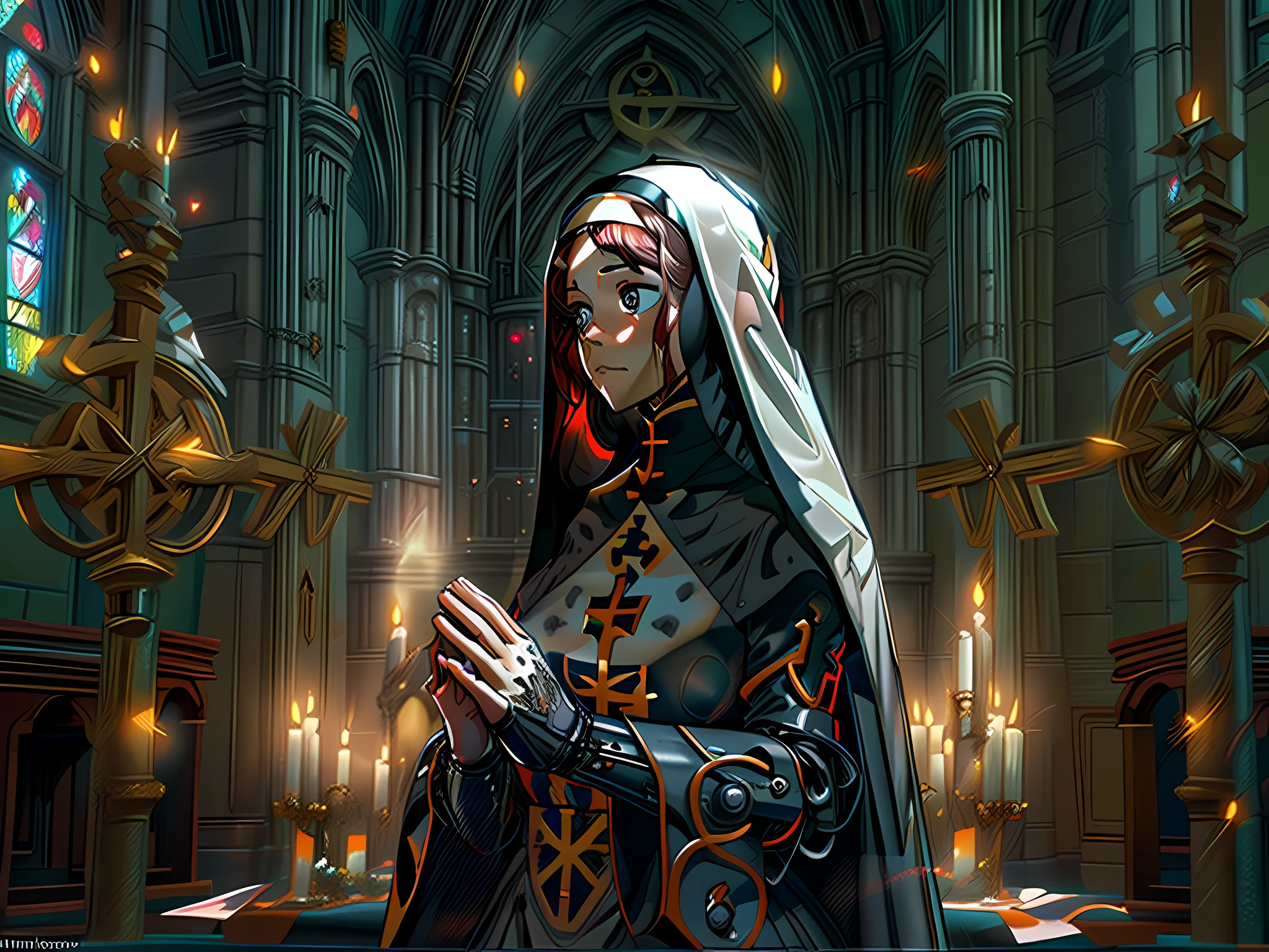 a 2.5D  picture of a (mecha woman nun: 1.3) praying in church, full body, an exquisite beautiful (ultra detailed, Masterpiece, best quality) (mecha woman nun: 1.4) dynamic angle (best detailed, Masterpiece, best quality), best detailed face, ultra feminine, red hair, long hair, braided hair, dynamic eyes color,, (wearing mecha nun habit: 1.4), wearing a mechanical cross, praying in a goth church, candles light, dim sun rays through church windows, divine rays high details, fantasy art, RPG art best quality, 16k, [ultra detailed], masterpiece, best quality, (ultra detailed), full body, ultra wide shot, photorealistic, reelmech