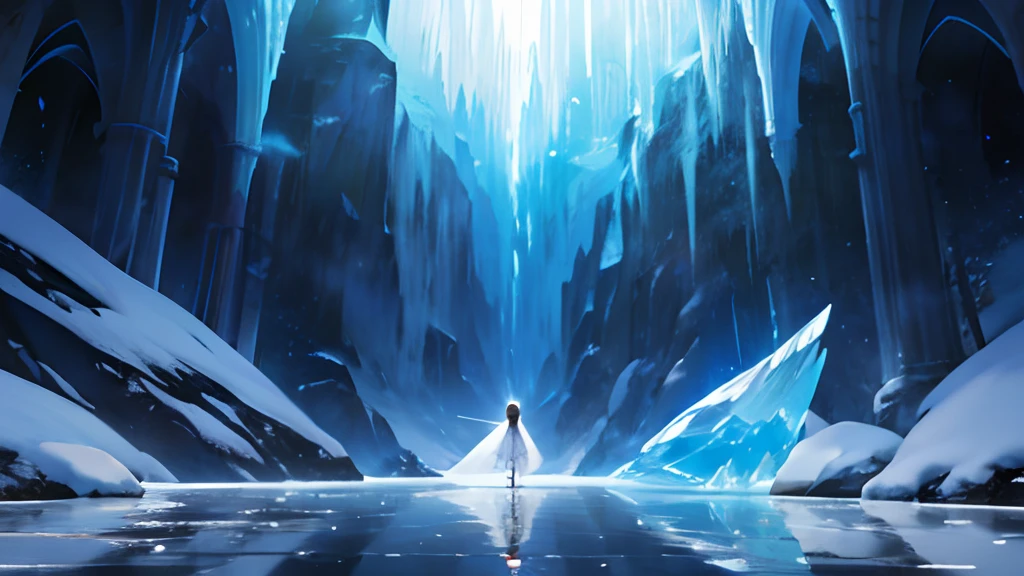 Enveloped in the silence of the universe、A girl wearing a white dress、Fantastic scenery of ice playing violin