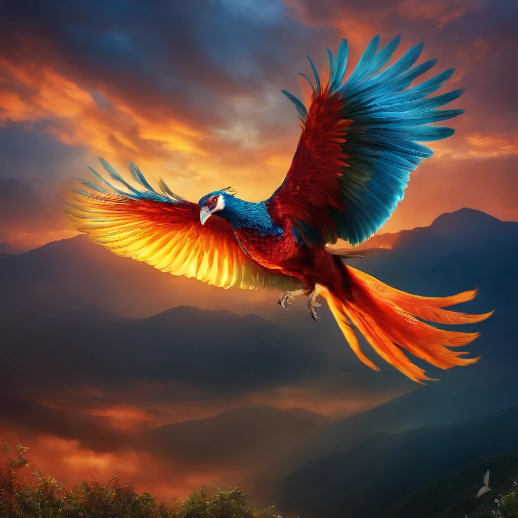 (Best quality,4K,8K,A high resolution,Masterpiece:1.2),Ultra-detailed,((1 flying phoenix)),Breathtaking feathers,Exquisite details,Vibrant colors,Spread your wings and big arms,Elegant flight mode,Feather enchantment,Splendid beak and claws,Colorful sky painting,Fantastical Atmosphere,Um ser celestial,Tropical paradise,,Endless charm and wonder,Atmospheric lighting,luminous sky,Emerge from the clouds,Majestic natural background,Unbridled imagination,awe-inspiring spectacle,Surrealist landscape