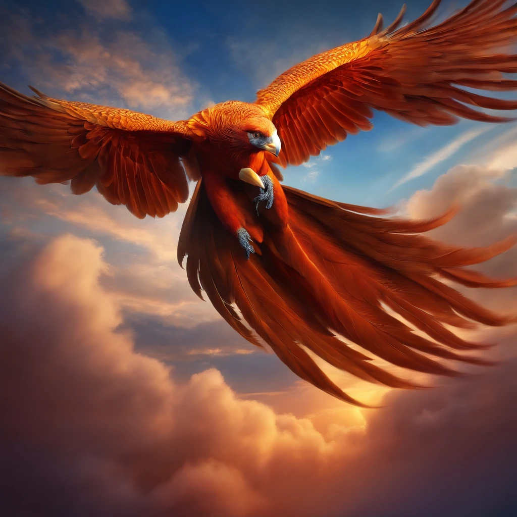 (Best quality,4K,8K,A high resolution,Masterpiece:1.2),Ultra-detailed,((1 flying phoenix)),Breathtaking feathers,Exquisite details,Vibrant colors,Spread your wings and big arms,Elegant flight mode,Feather enchantment,Splendid beak and claws,Colorful sky painting,Fantastical Atmosphere,Um ser celestial,Tropical paradise,,Endless charm and wonder,Atmospheric lighting,luminous sky,Emerge from the clouds,Majestic natural background,Unbridled imagination,awe-inspiring spectacle,Surrealist landscape