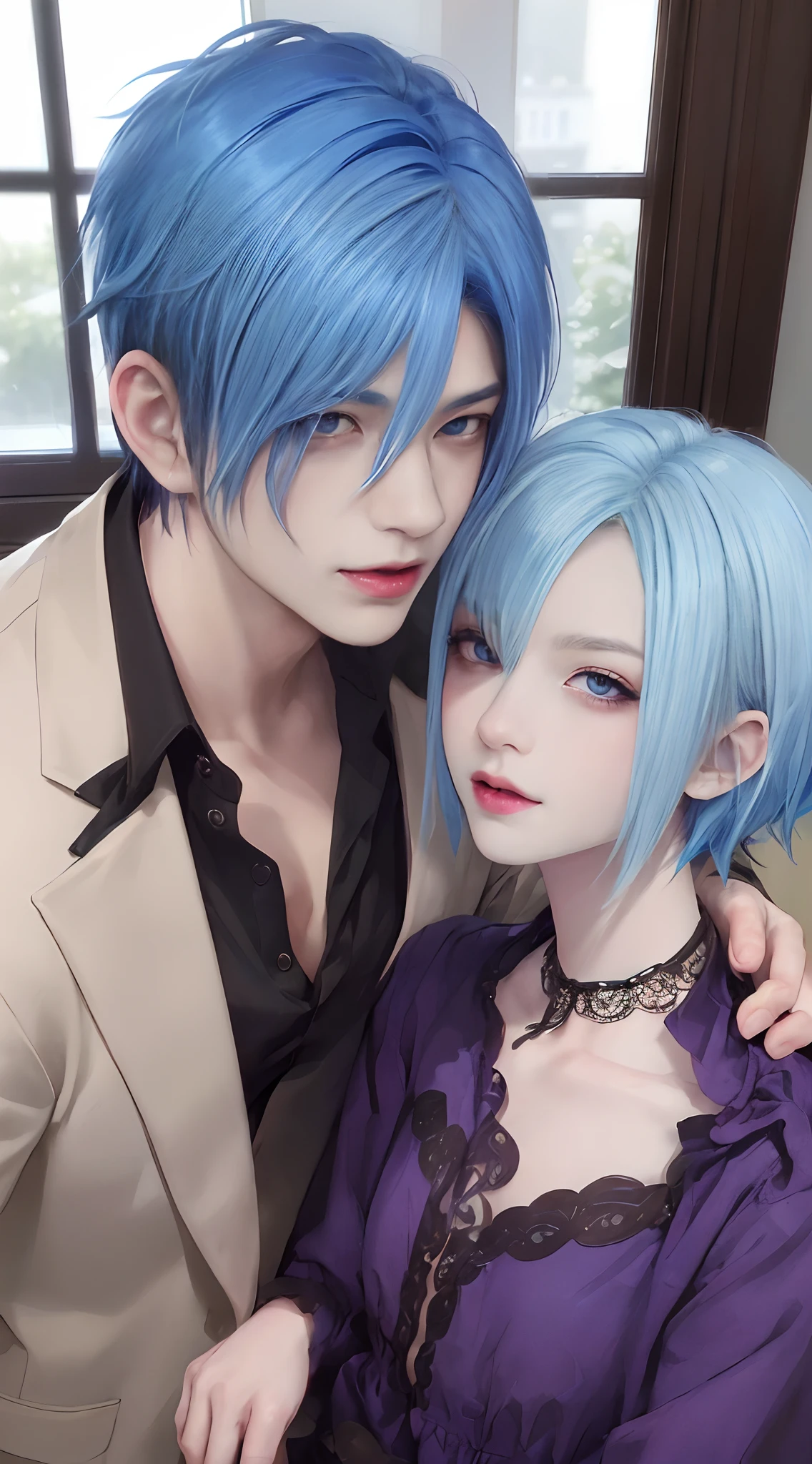 masterpiece, top-quality, 2Others, Male couple, 1 man and 1,, Adults, Height difference, different fashion, different color, finely eye and detailed face, intricate detailes, Casual clothing, window, A smile, Happiness, tenderness, queers, Boys Love, high-level image quality、 selfee, Two beautiful men、tall、The upper part of the body、nightfall、nighttime scene、𝓡𝓸𝓶𝓪𝓷𝓽𝓲𝓬、Korean Male, Idol Photos, k pop, Professional Photos, Vampires, Korean fashion in black and white, Fedoman with necklace, inspired by Sim Sa-jeong, androgynous vampire, :9 detailed face: 8, extra detailed face, detailed punk hair, ((eyes are brown)) baggy eyes, Seductive. Highly detailed, semi realistic anime, Vampires, hyperrealistic , delicate androgynous prince, imvu, short hair above the ears, Man with short hair, With a purple-haired man with a wild expression, Man with light blue hair with gentle expression, ((With a short-haired man with bright purple hair)), ((Man with light blue hair))