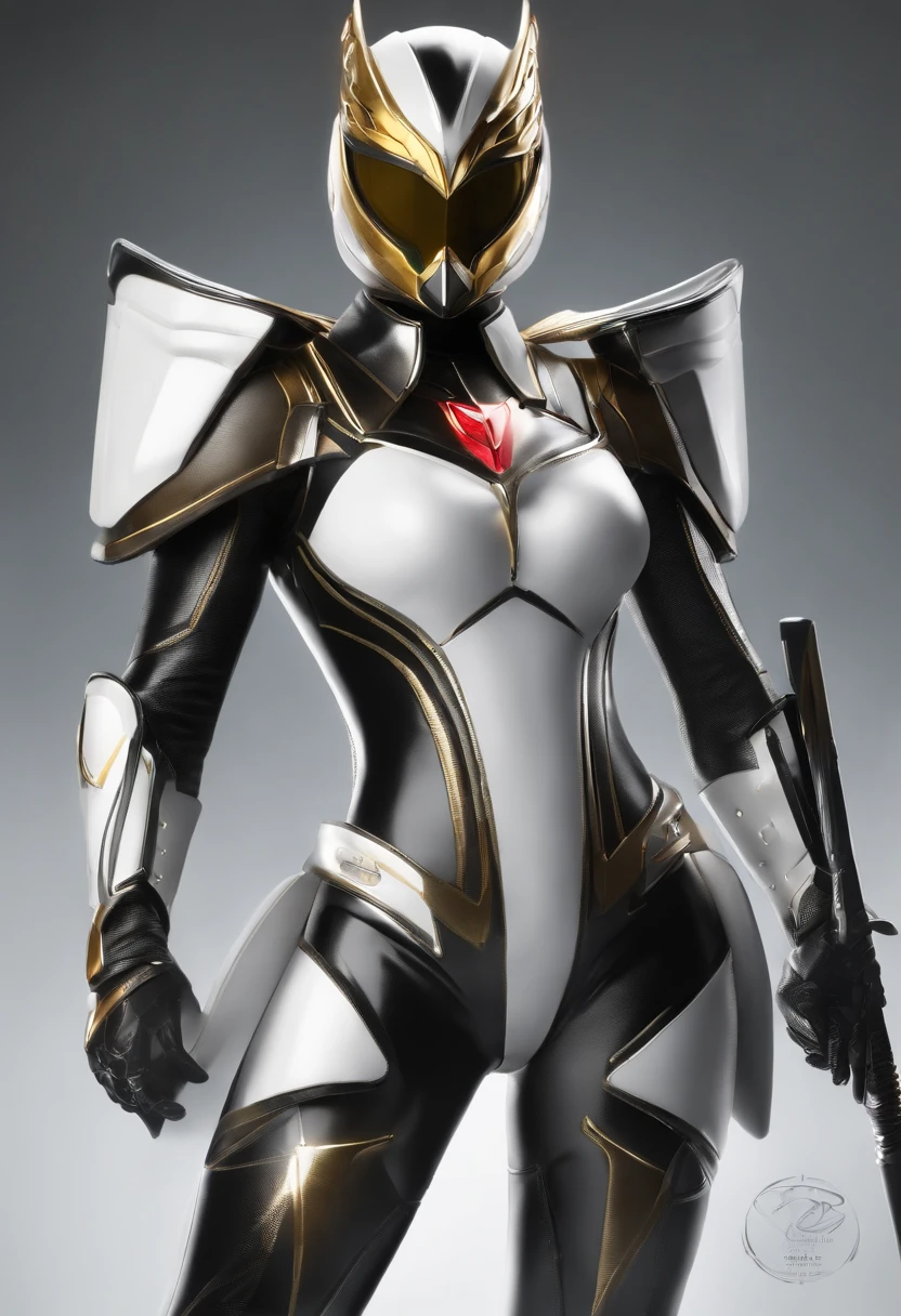 (Best Quality, hight resolution:1.2), Ultra-detailed, Realistic:1.37, Vibrant colors, Female Kamen Rider，Knightly motifs，The symbol is light，Hold your sword，holds a sword，Image colors are white and yellow，optic，Sentai Hero，Woman，Kamen Rider，Cover the entire face，Full Face Mask，Mask reminiscent of a knight，Biological bodysuits，Hero Suit，White cloak，Blowing in the wind，Light armor，Feminine body line，White light on spatial background，intergalactic，Deities々Right，Delicately drawn live-action wallpaper