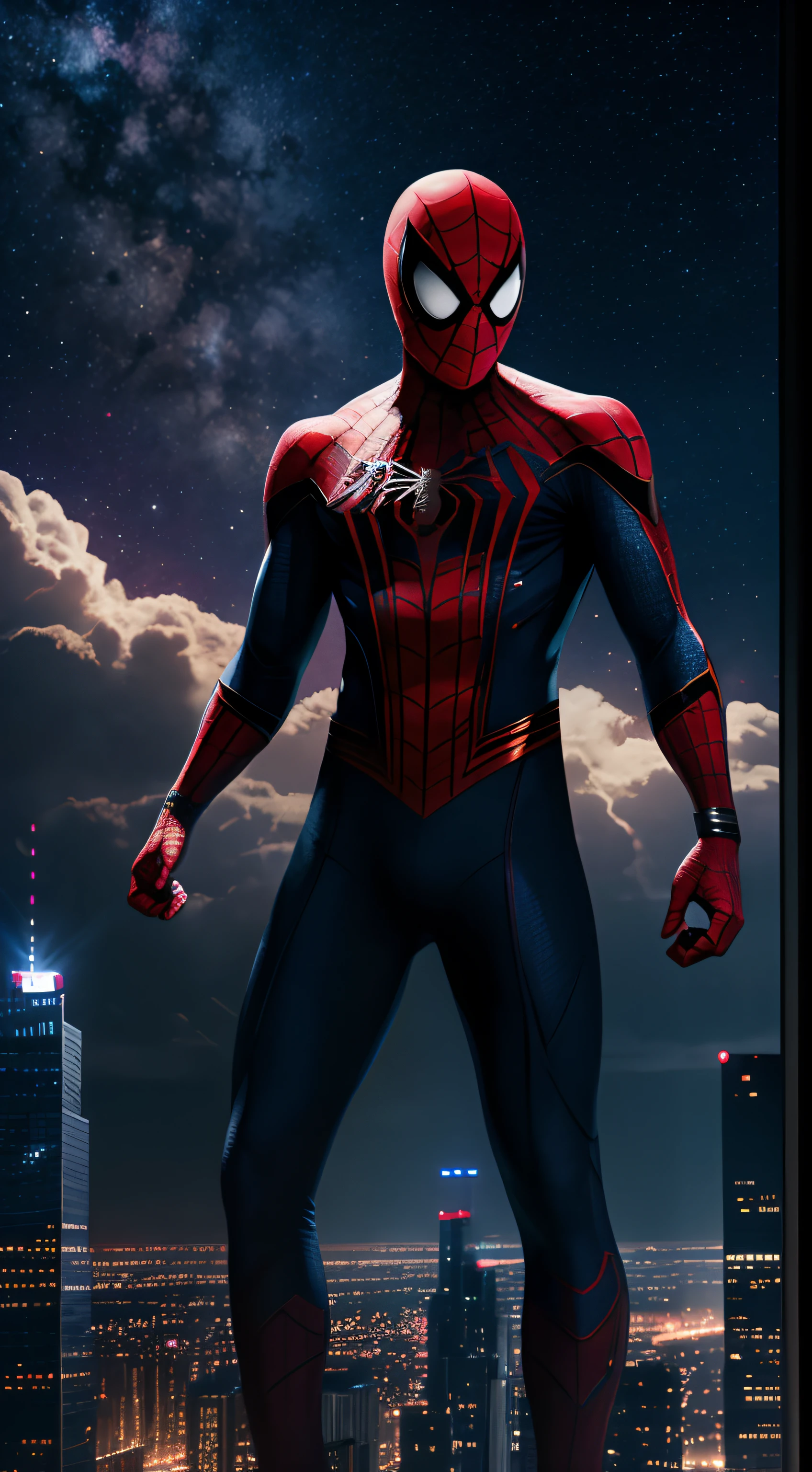 Spiderman top a high building, nebula in the sky, dramatic clouds and stars, night sky, cinematic, colorful, taken in arri Alexa camera, 8k, 50mm lens, wide full body shot, wallpaper, hd wallpaper