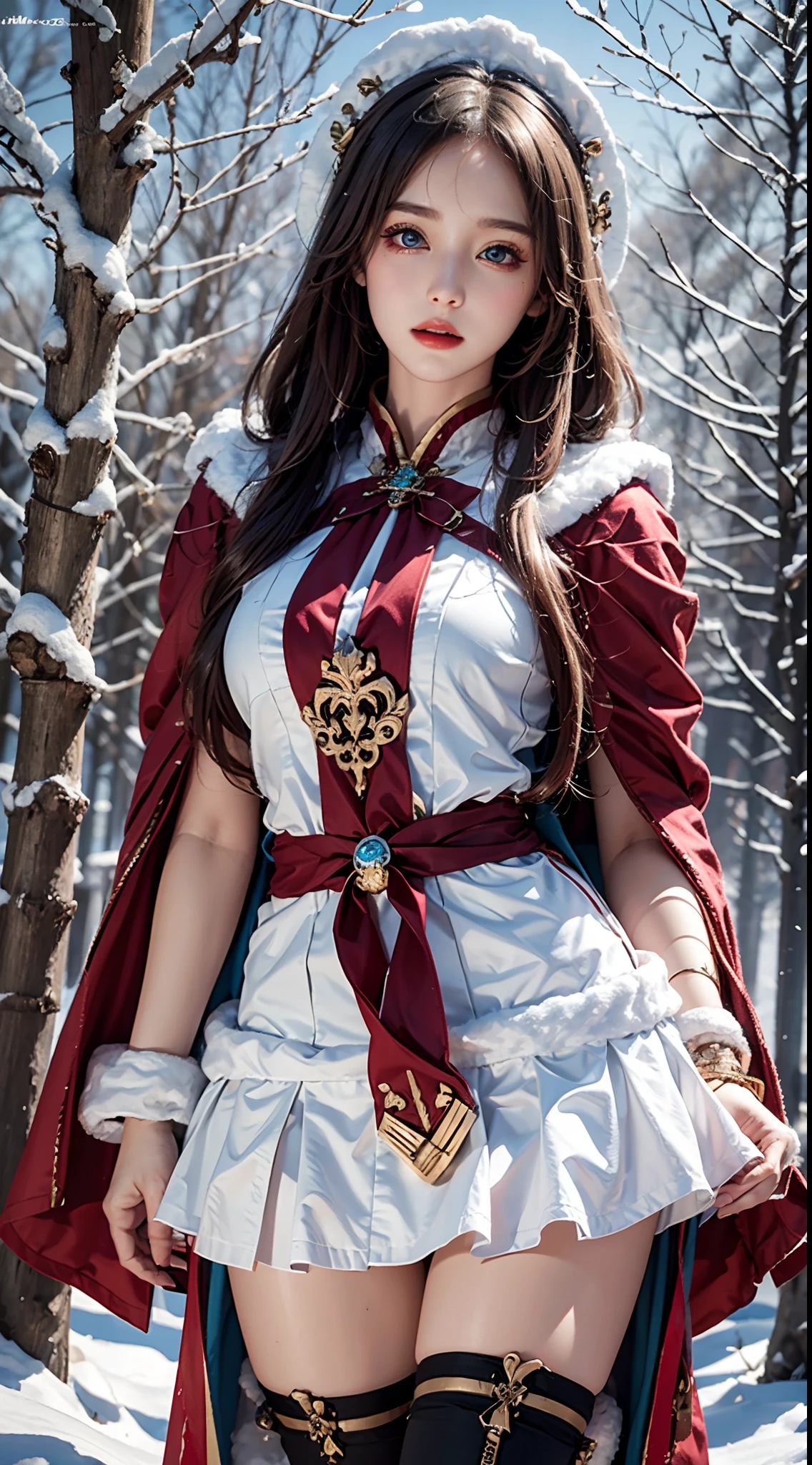 1girl, (blonde parted hair), crown, ([red robe|baroque black dress]:1.3), [red_cape::10],white ([capelet:fur trim:0.4]:1.7) covered on ([fur cloak:queen cape:0.4]:1.5), forehead, sitting, red eyes, corset, bridal gauntlets, throne, updo, [slicked, crown_braid:0.1], [gloves, armor_dress, frilled skirt:0.4], solo,