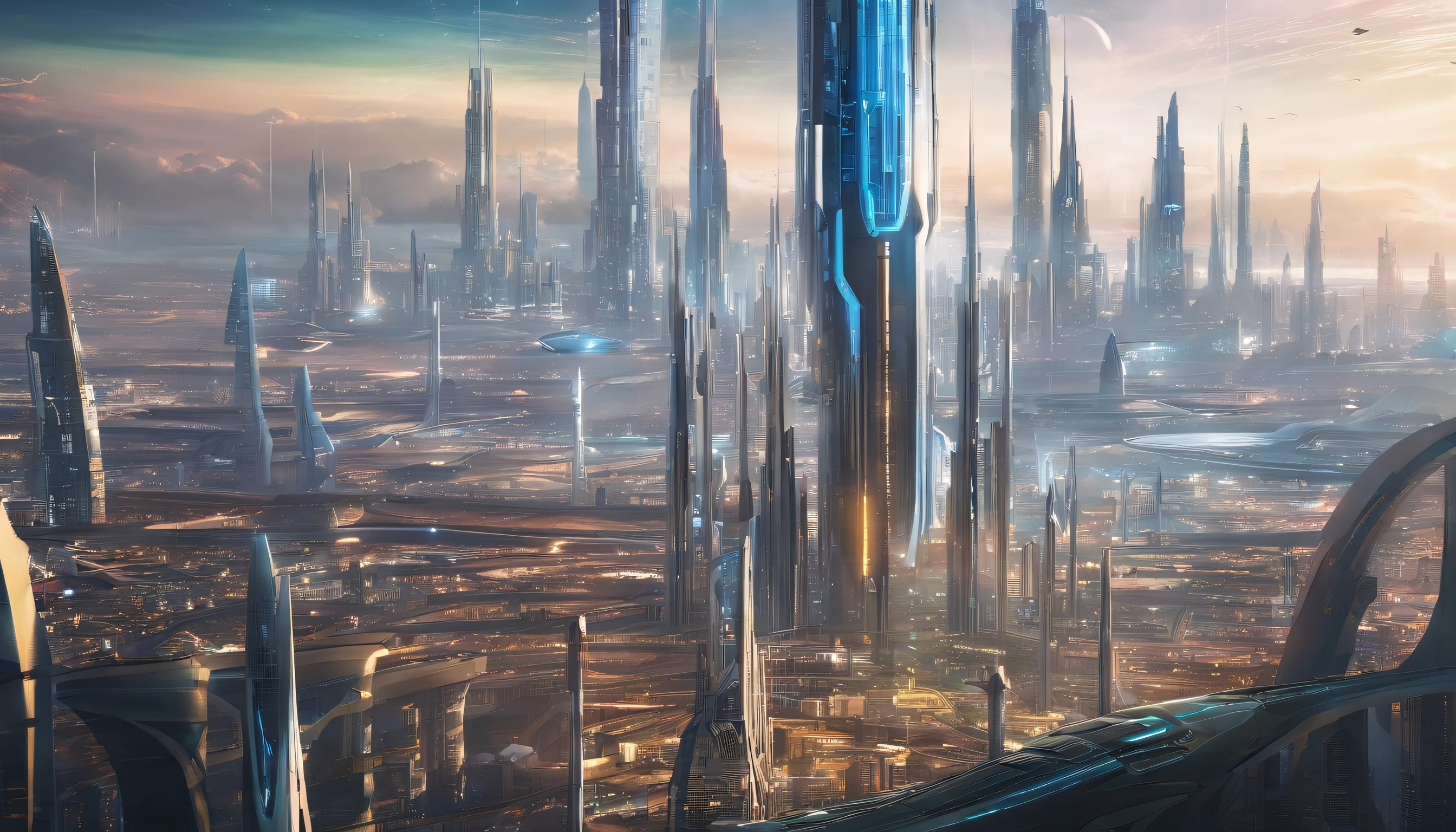 The metropolis of the future, many kilometers of spires rushing upwards;.
