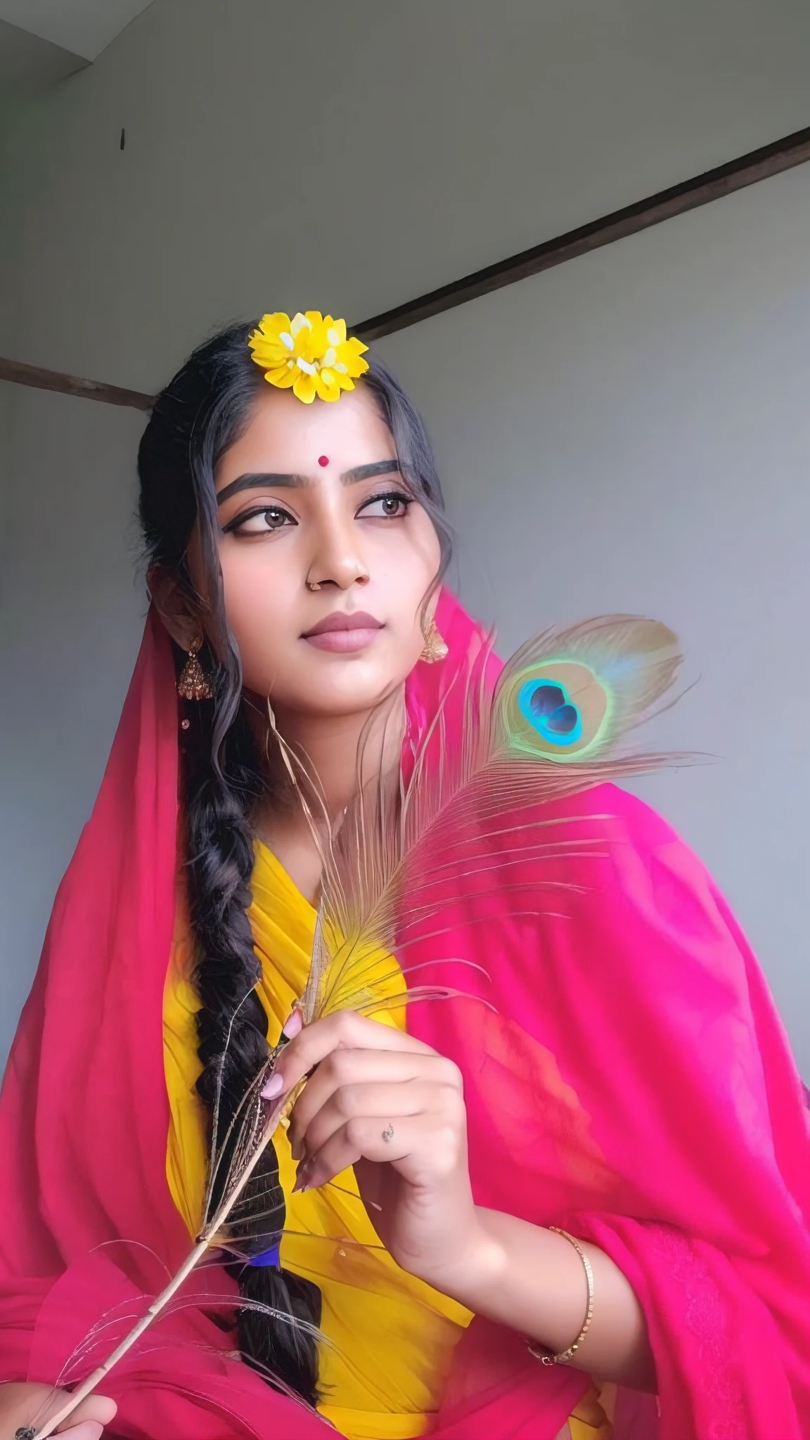 arafed woman in a pink sari holding a peacock feather, traditional beauty, indian, indian style, traditional makeup, traditional, very beautiful girl, with lovely look, dressed in a sari, traditional dress, inspired by Kailash Chandra Meher, profile pic, hindu aesthetic, beautiful and graceful, indian goddess, traditional clothes, assamese aesthetic