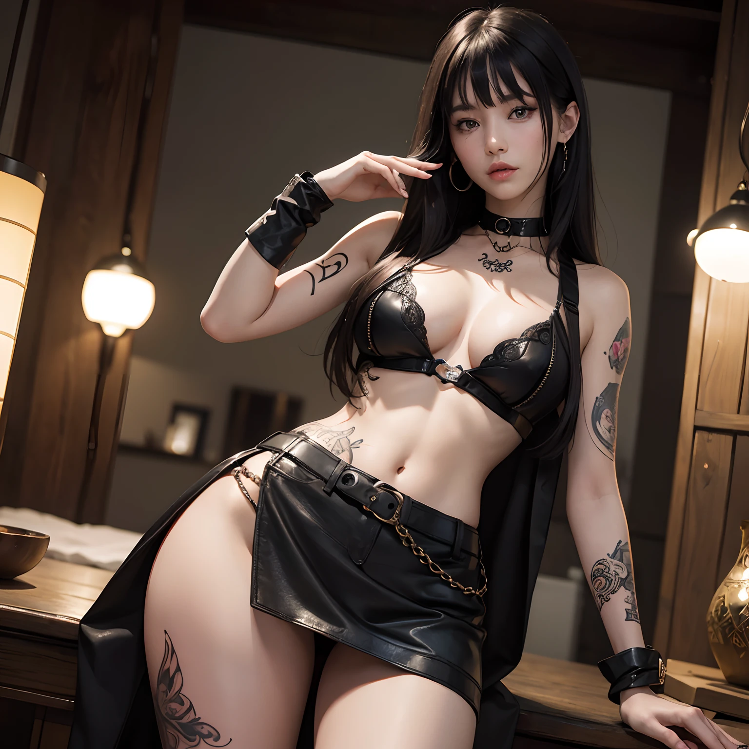 (masterpiece:1.3), (8K, Photorealsitic, Raw photography, Top image quality: 1.4), japanes、Model body type、Standing、1 female、cleavage of the breast:1.2、Super Detail Face、Eye of Detail、二重まぶた、Bring your chest together、foco nítido:1.2、A dark-haired、top-quality、masterpiece、超A high resolution、(Photorealsitic:1.4)、Highly detailed and professional lighting smile、punk fashion、magnifica、a miniskirt、slender、serious facial expression、Longhair、Fatal position、The tattoo、Many poisonous tattoos、With bangs、piercings、1 persons、Numerous tattoos、Punk Girl