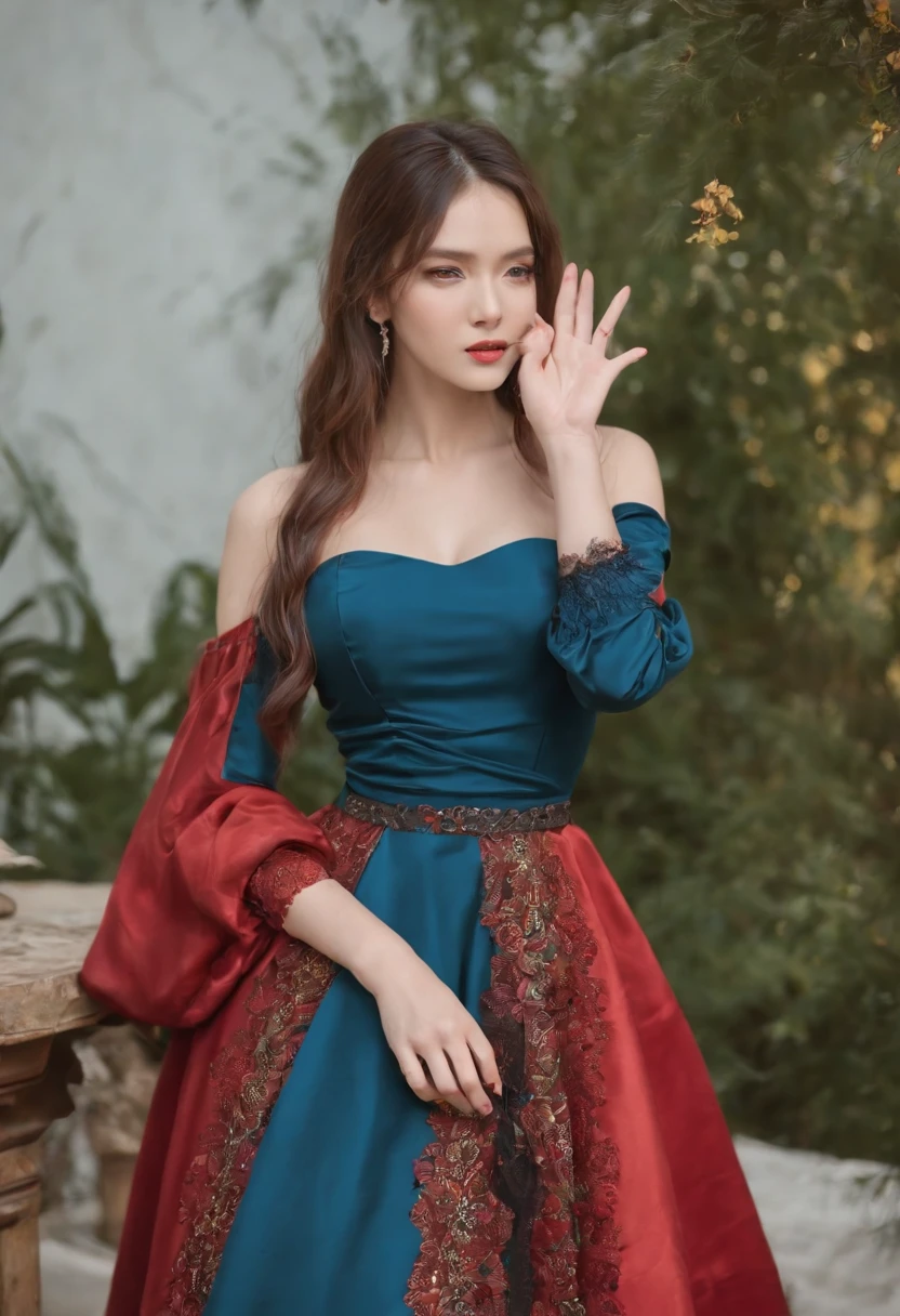(Long colored hair,Bangs diagonally to the left,Cover your left eye。Lake blue eyes。The fingernails are painted with bright red nail polish,The long skirt cuffs are fastened to the middle finger,On the middle finger of his left hand he wears a magic ring。Wearing a long dark red sleeved dress,There are ties on the chest,The lower right part has a blue feather,There is a circle of black lace at the bottom of the skirt。The upper part of the long skirt extends to the outside of the arms and has a bright yellow pattern,Wear black glass heels,The right ankle has an ankle ring with a brown gemstone pendant,The upper body is wearing an off-the-shoulder tight dress with a yellow pattern on a red background,Long silk gloves are worn over both arms
)