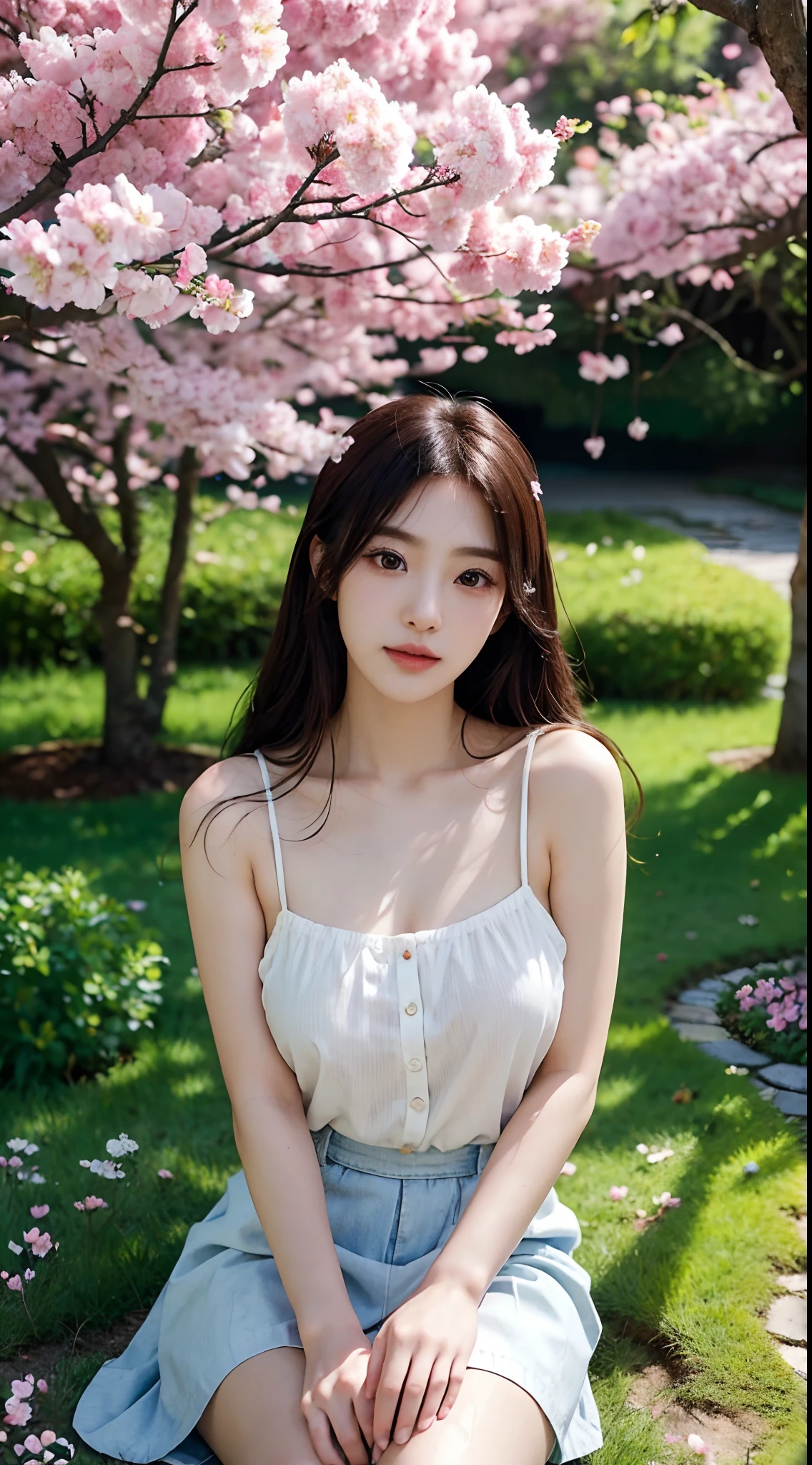 Best quality, 4K,8K,Realistic, Photorealistic, extremely detaile, An extremely delicate and beautiful, RAW photo, Japanese and Korean beauties,South Korean beauties,Wear JK, mini-skirts,Large breasts,(Beautiful detailed eyes,beautiful detailed lips,Extremely detailed eyes and face,long eyelasher), Beautiful hair, joyful expressions, Surrounded by cherry blossom trees, It has a kawaii anime style, In a picturesque garden full of sunshine. The artwork is of the best quality, With ultra-detailed features and realistic, Realistic touch. vibrant with colors,The lighting creates a warm atmosphere, Dreamy atmosphere.