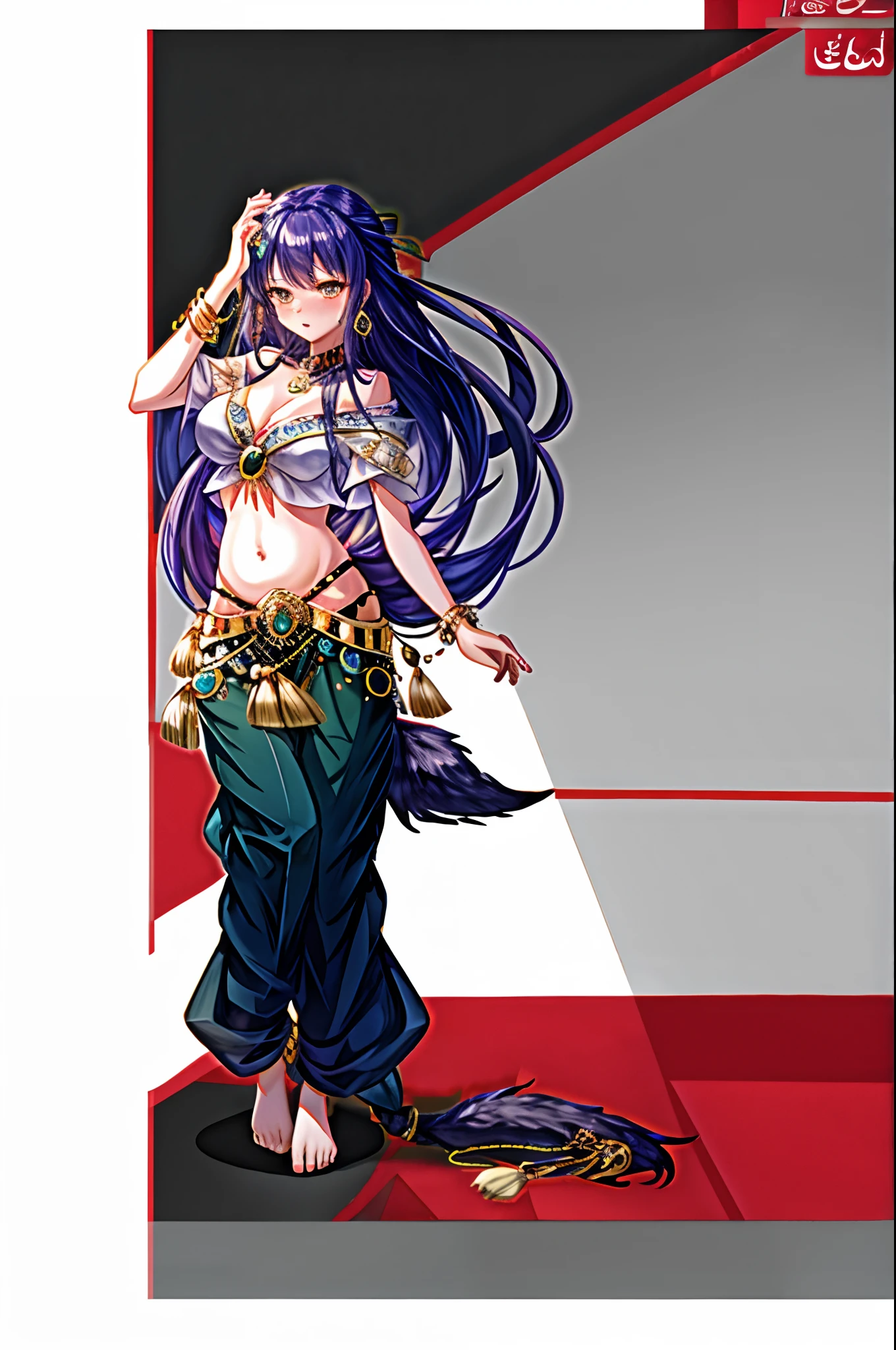 ((wolf girl)), ((full body)), ((squat and legs spread pose)), ((belly dance top)), ((jewelry)), ((very long and baggy belly dance harem pants)), ((bare feet)), ((fully detailed))