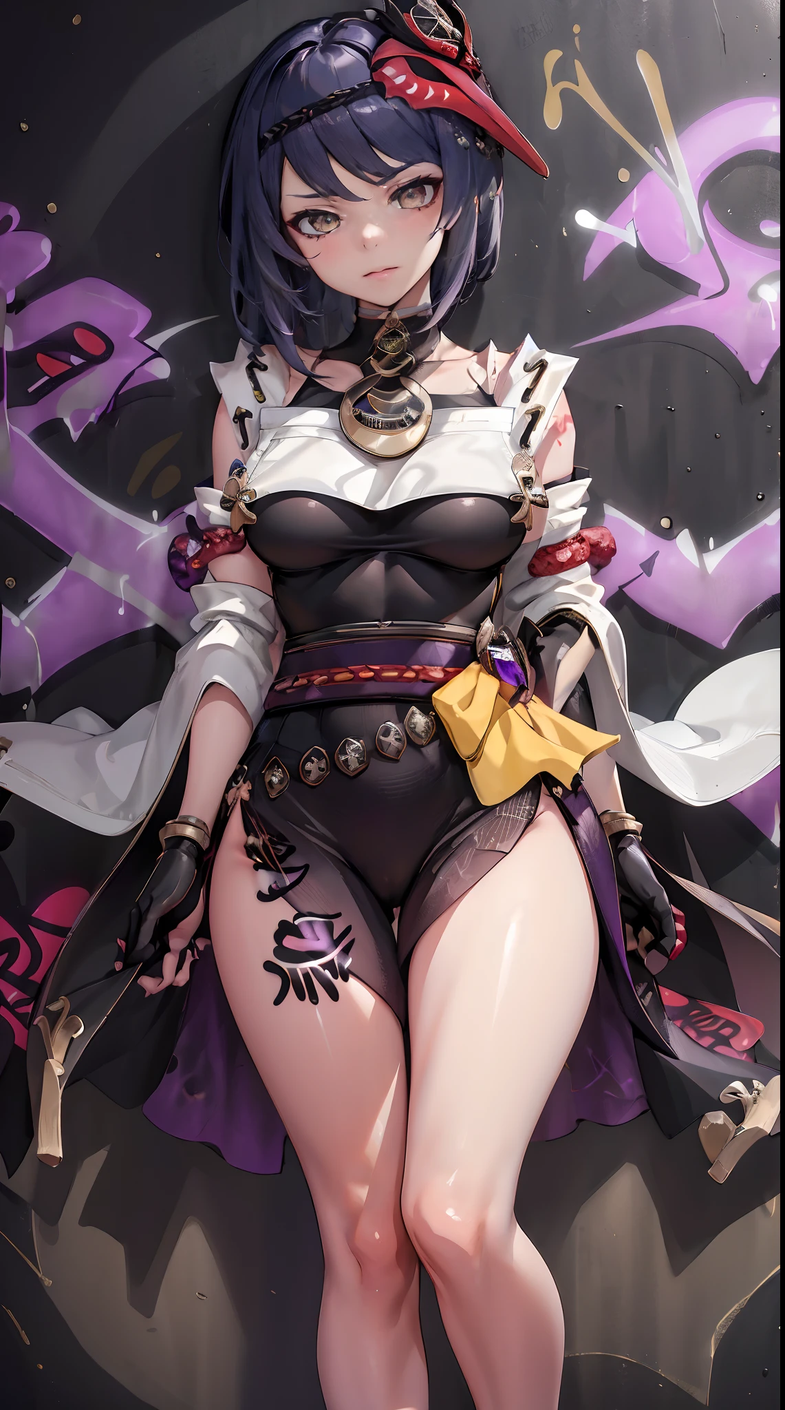 Kujou Sara Genshin Effect, masterpiece, bestquality, 1girls, oversized , bara, Black suit, choker, (Graffiti:1.5), Splash with purple lightning pattern., arm behind back, against wall, View viewers from the front., Thigh strap, Head tilt, bored, water eyes,