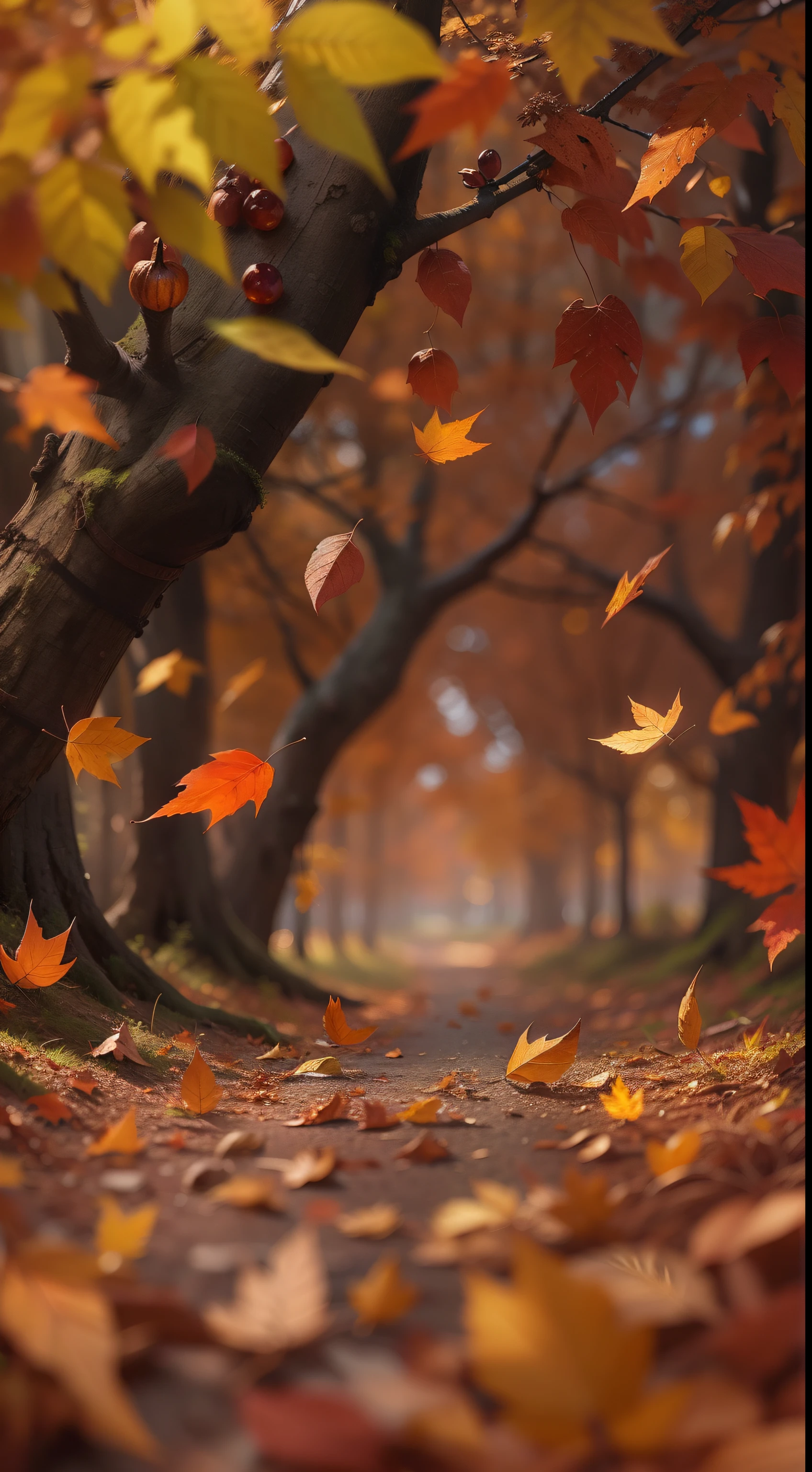 fantasy autumn with brown fallen leaves, cinematic, highly detailed, hd