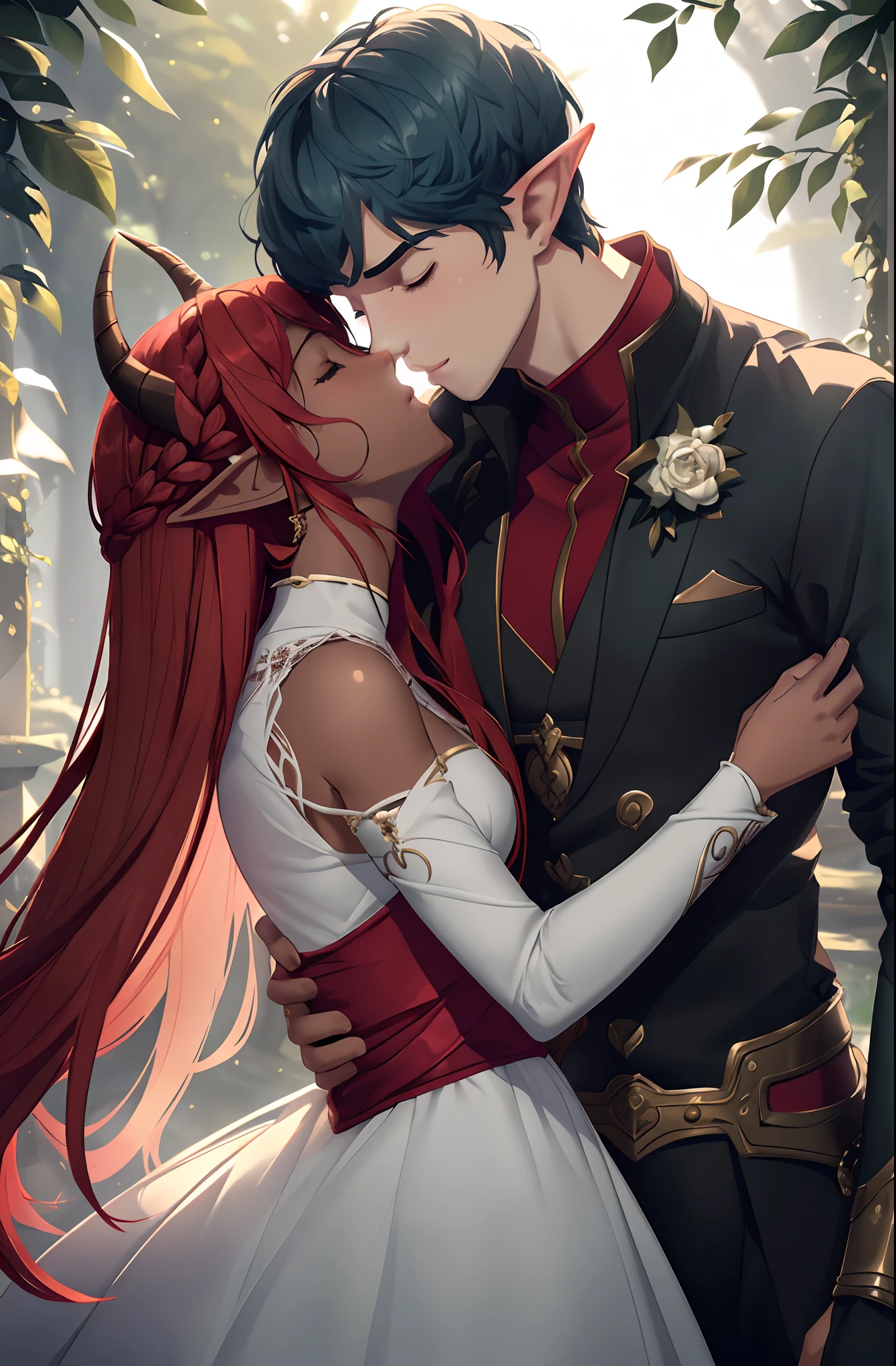 2others, couple, 1boy with 1girl, (Height difference1.3), (detailed noses:1.5), (elf boy with (different hair color)), (daemon-like girl with (red hair and dark skin)), girl with horns, (girl kissing boy), full body, knight and lady, fantasy, closed eyes, detailed, enchanted dark forest, dark fairy tale, unconditional love, emotional connection