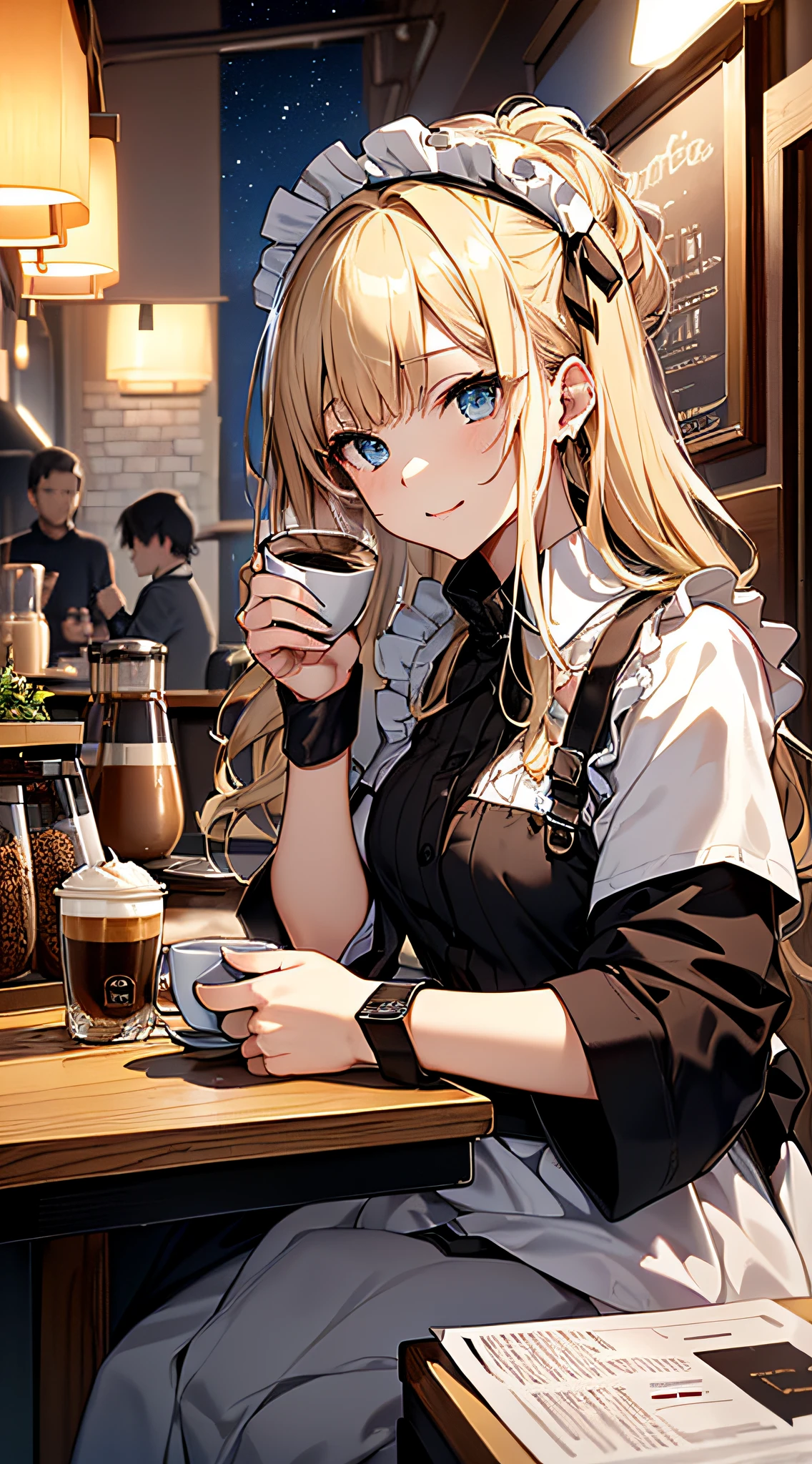 top-quality、Top image quality、​masterpiece、girl with((18year old、Maid clothes with open chest、Best Bust、Bust 85、a blond、Longhaire、Blue eyes、open chest wide、Valley、Happiness、Black wristband on wrist、A slender、耳Nipple Ring、The wind blows,holding coffee cup、close to viewer、Face-to-face with your audience、Take a seat)）hiquality、visualart、Background with((Night Coffee Shop、Counter seats、Coffee maker))、The table(menu、Coffee Cups Coffee Cups、Sugar Bottle、Milk),masutepiece、