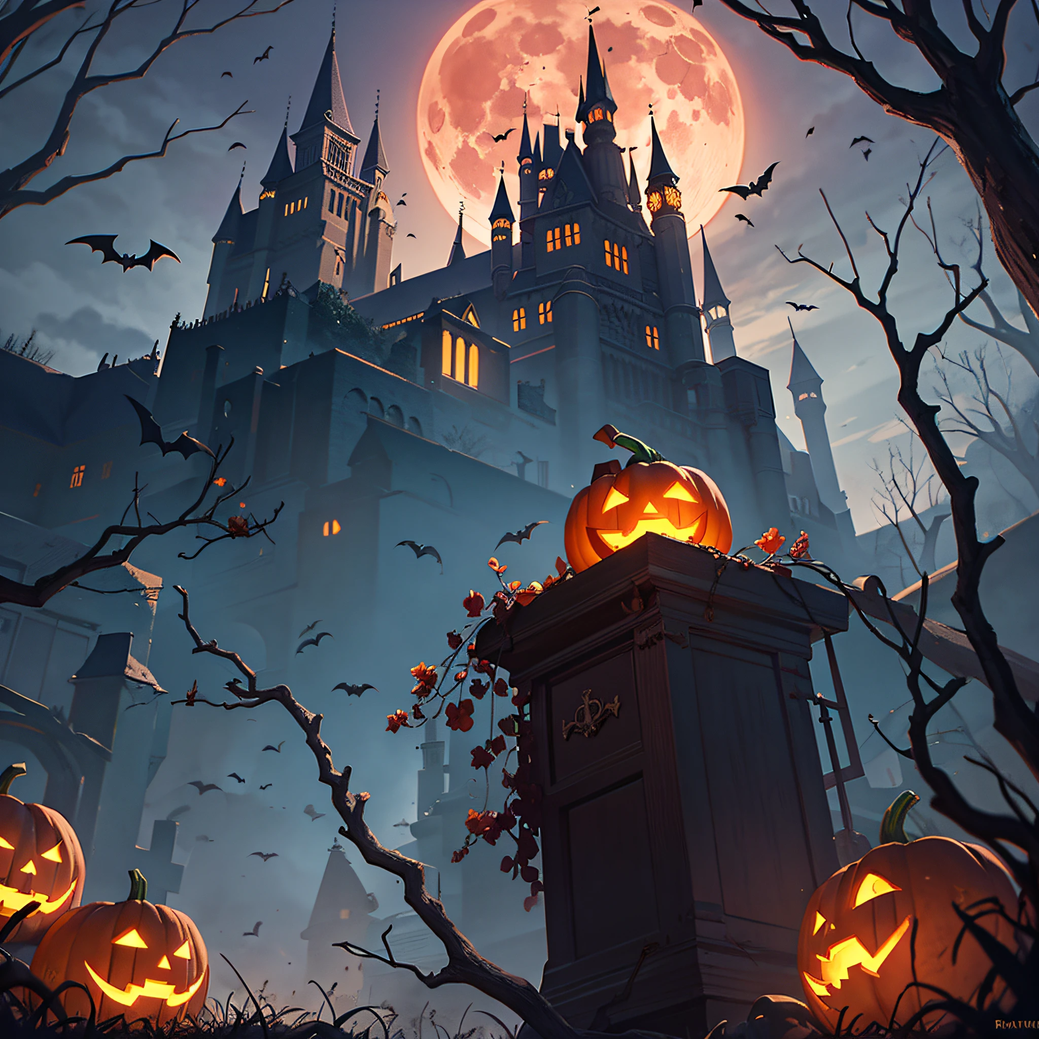 Halloween poster, pumpkins, bats, withered giant branches, red moon, ray tracing, stacked chests, castle