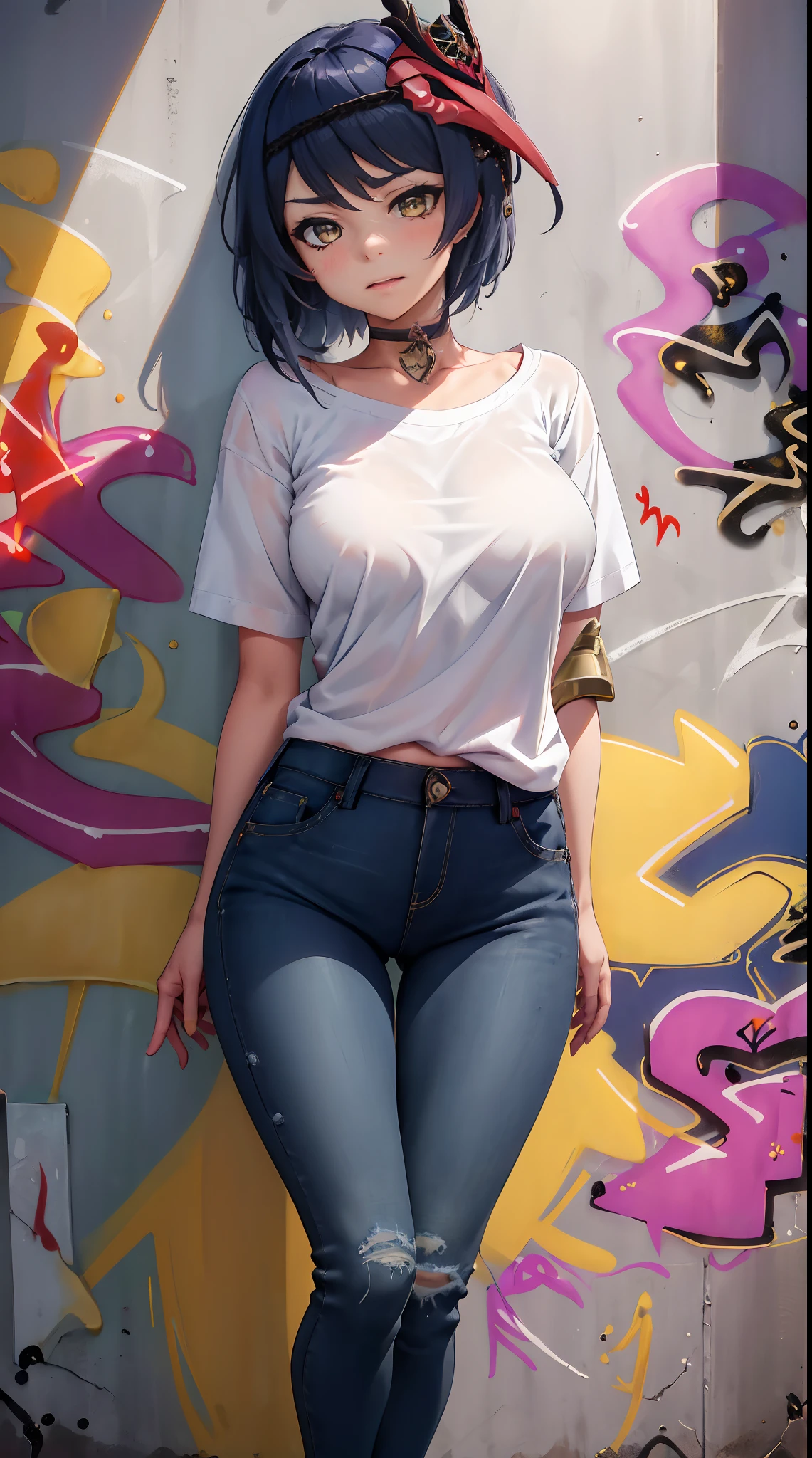 Kujou Sara Genshin Effect, masterpiece, bestquality, 1girls, oversized breasts, bara, dress shirt, Long Jeans, choker, (Graffiti:1.5), Splash with purple lightning pattern., arm behind back, against wall, View viewers from the front., Thigh strap, Head tilt, bored, water eyes,
