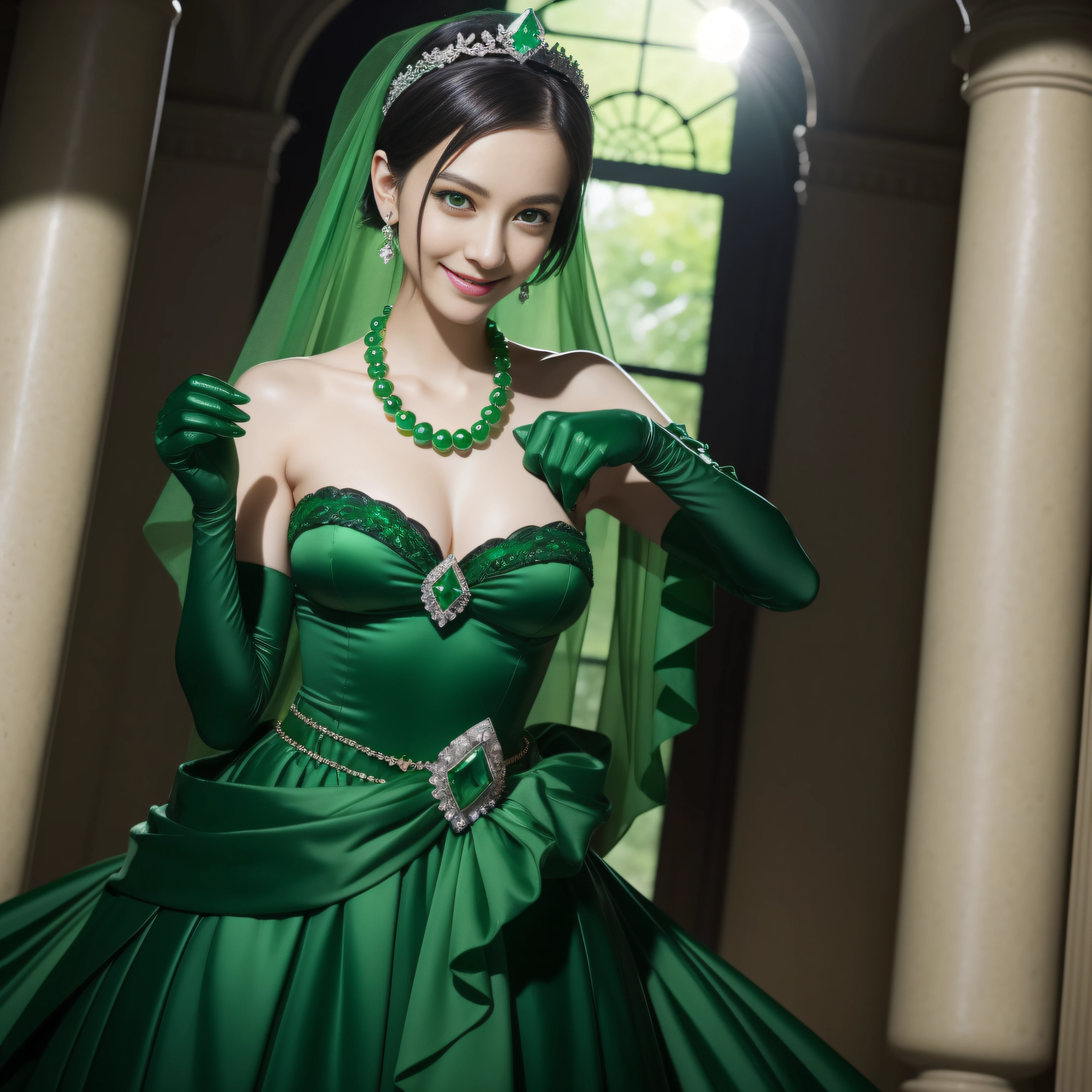 emerald tiara, Green Pearl Necklace, Boyish very short black hair, lipsticks, Japan woman smiling, very very short green hair, big breasts beautiful, Green eyes, Long green gloves made of satin material, Green eyes, Emerald Earrings, The tattoo