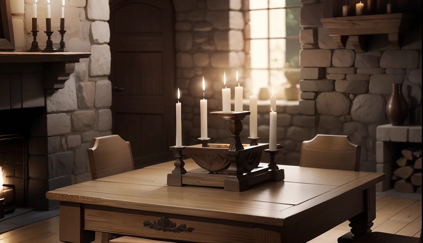Square wooden table in a room medieval stone wall, bougies papier assiettes