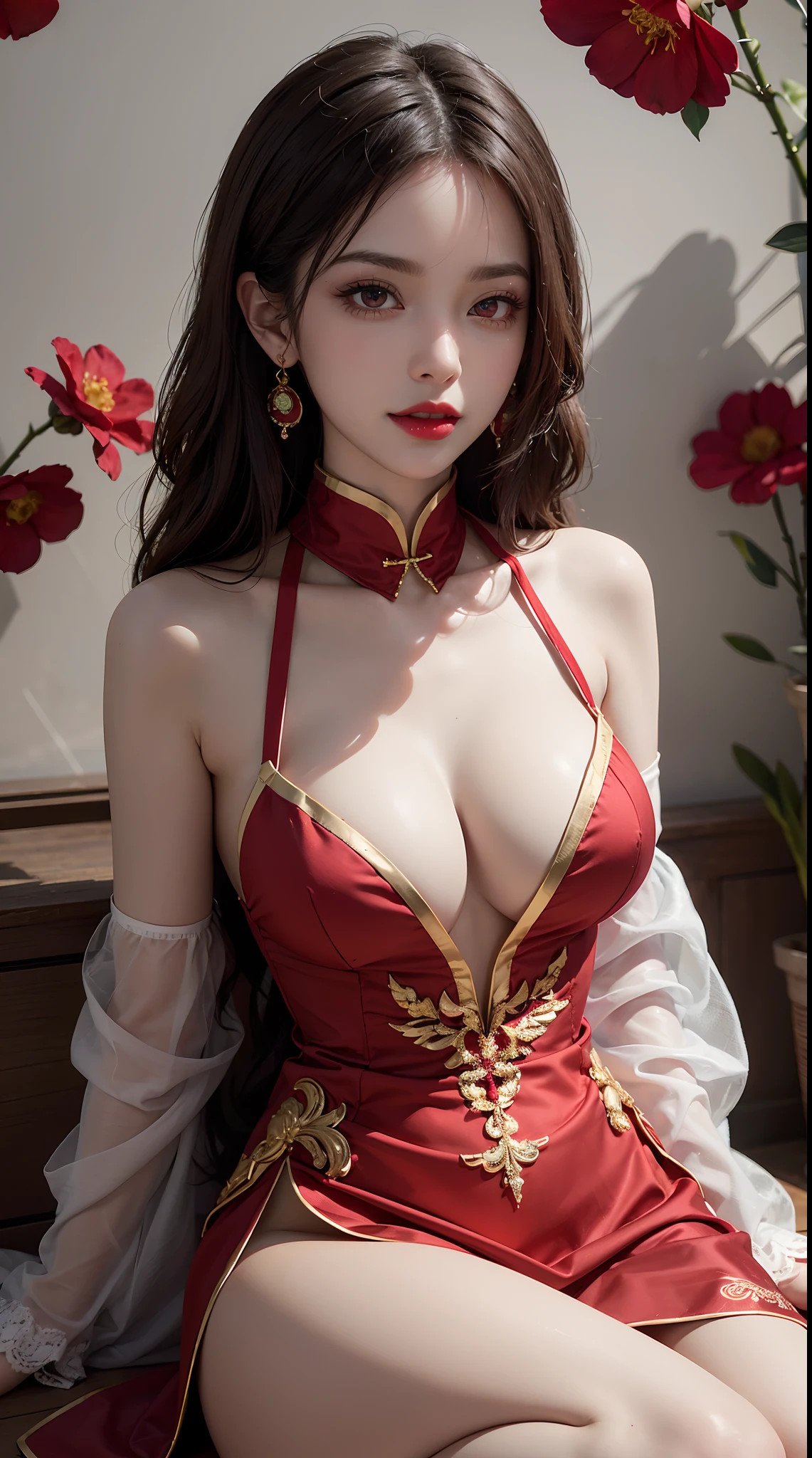 "1 beautiful girl in traditional costume, wearing a traditional Chinese ao dai in luminous red, Ao dai with red as the main color, black chest border and gold border, long hair and white bangs, hair jewelry most detailed and beautiful, Super cute little face, Extremely pretty face, sparse eyebrows, most flawless beautiful face, ((black pupil:0.8)), very beautiful eyes, ((eyes red:1.4)), beautiful and detailed eyelashes and very magical makeup, high nose, earrings, thin lips, red lips, no smiling, beautiful lips, rosy face, clean face, flawless beautiful face , smooth white skin, (big breasts: 0.9)), Blums breasts, ((big and super round breasts): 0.9)), ((super tight breasts: 1.2)), ((breast augmentation: 0.8)), beautiful breasts, sitting on the floor, Sitting with legs wide open, thighs wide and not shy, hands behind back, chest forward, leaning back slightly, beautiful girl's upper body, 8k photo, super high quality, hyper realistic, 10x super pixels, photo realistic, bright studio, bright edges, two-tone light color, (high detail) skin: 1.2), 8k ultra, soft light, high quality , volumetric lighting, realistic, Photos, high resolution, light, best photo, 4k, 8k quality, blur effect, Smooth and sharp, 10x pixels, aurora, lightning, super graphics , most realistic graphics,(Red flower background: 1.7), alone, solo, portrait 9:16, Extremely sharp, surreal image."