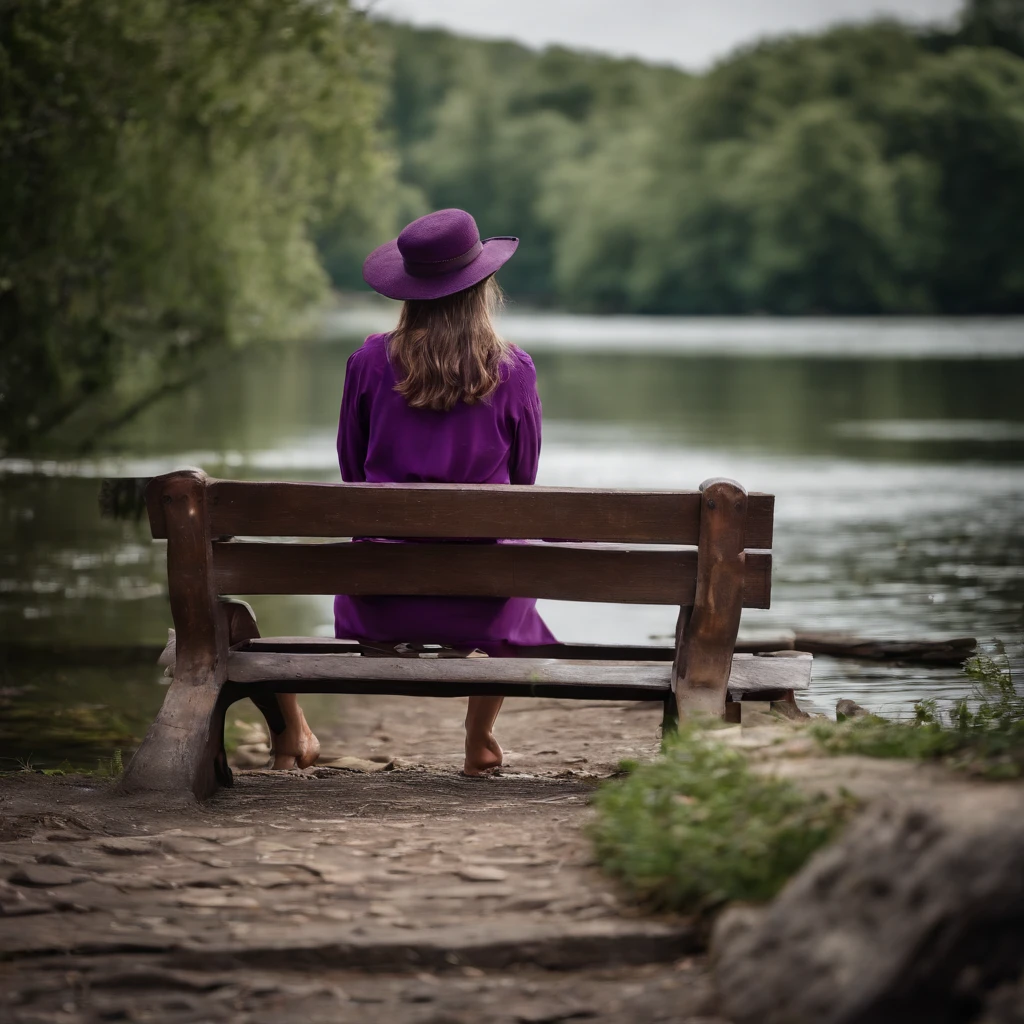 Girl wearing purple long frock and setting bench near river