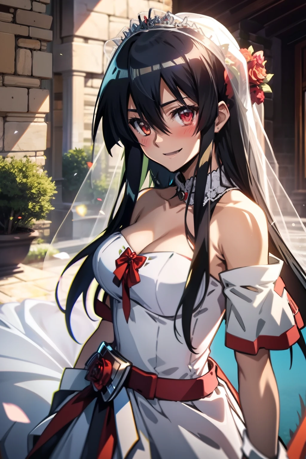 Akame (akame ga kill), wearing a off-shoulder strapless wedding dress, warm smile with a blush