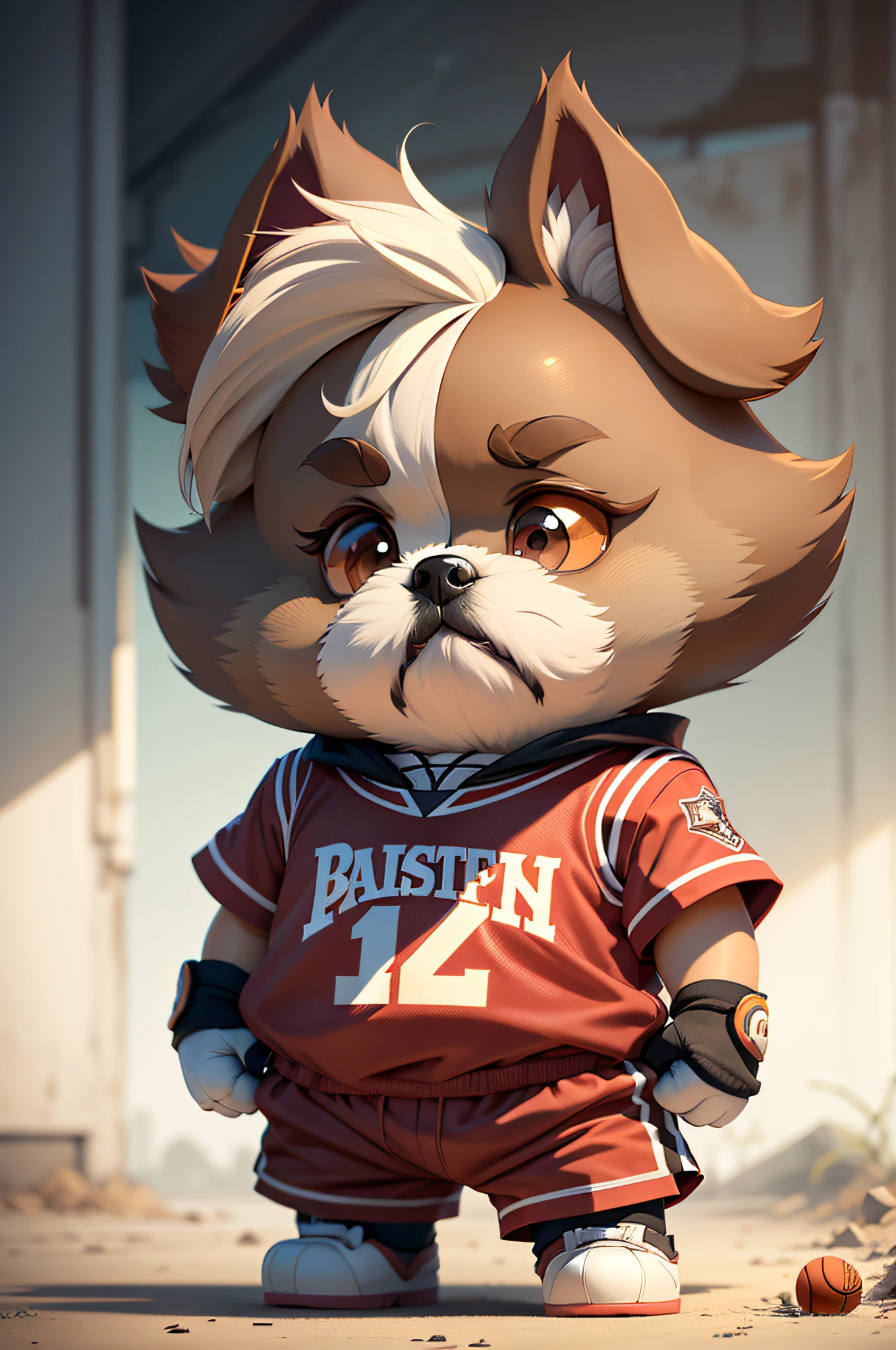 C4tt4stic, Cartoon of basketball player red color uniform、Breed Shih Tzu(ears are light brown、The right half of the face is light brown.、The left half of the face is white、Hair is short)